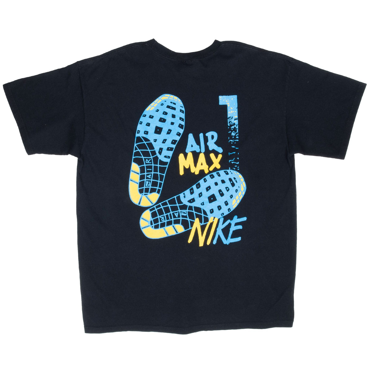 Back of black Nike Air Max T-shirt with blue and yellow shoe-sole and number 1 graphic