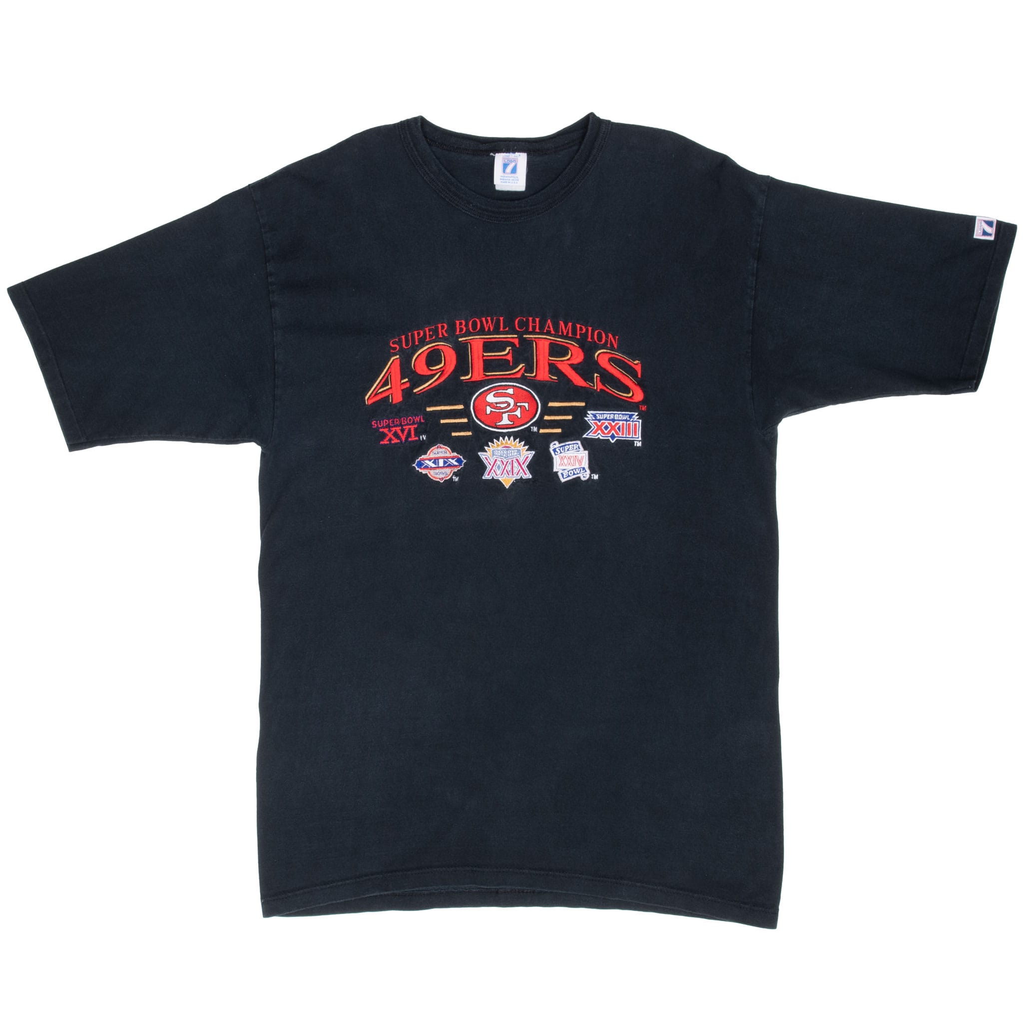 Full front of black San Francisco 49ers Super Bowl Champions T-shirt with NFL sleeve patch