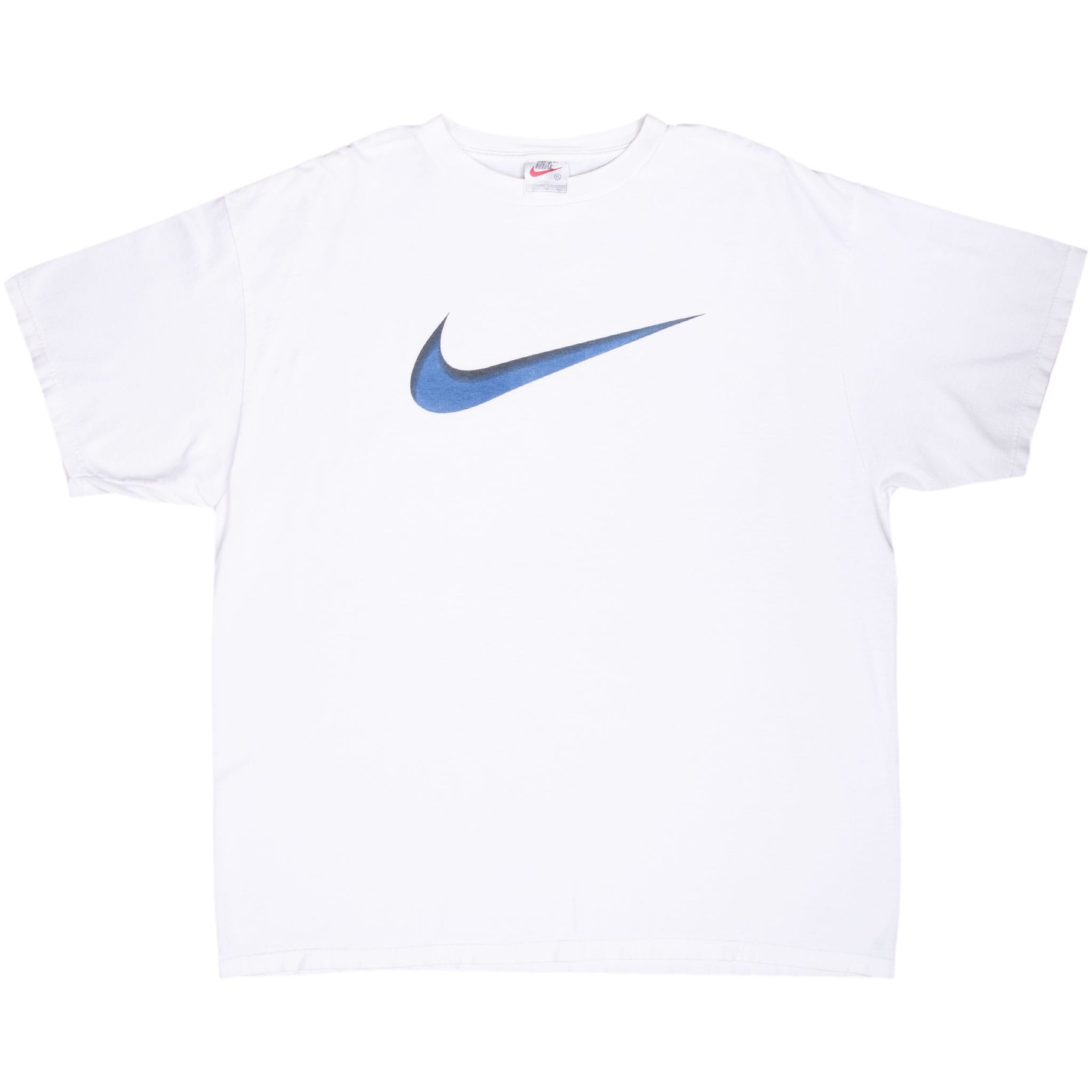 Full front of white Nike short-sleeve T-shirt with blue and black Swoosh graphic