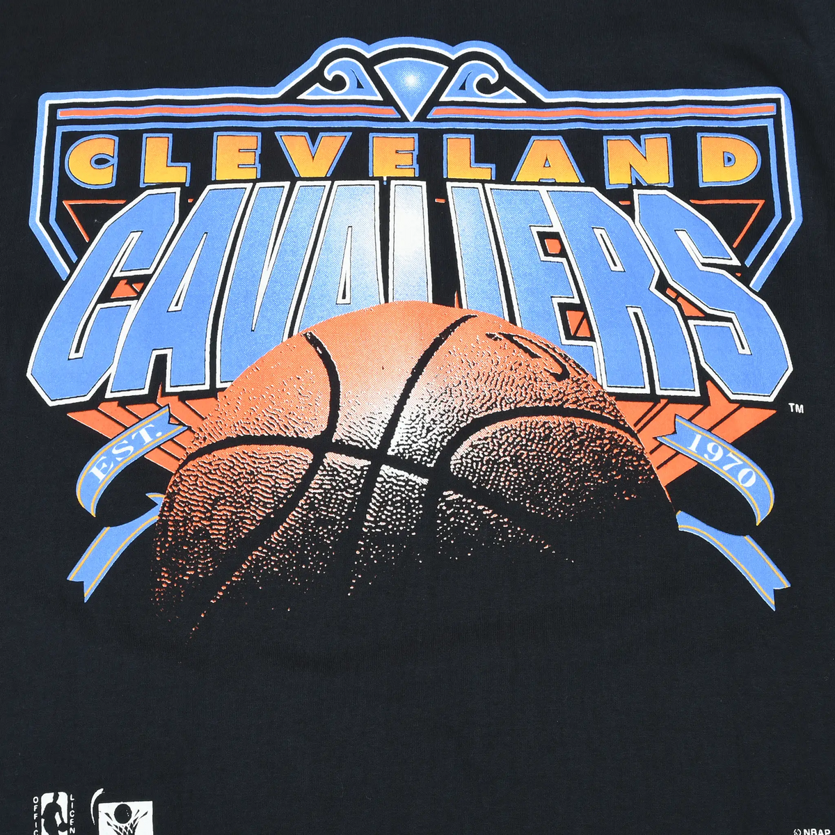 Close-up of Cleveland Cavaliers front print with blue lettering, orange basketball and 1970 ribbon