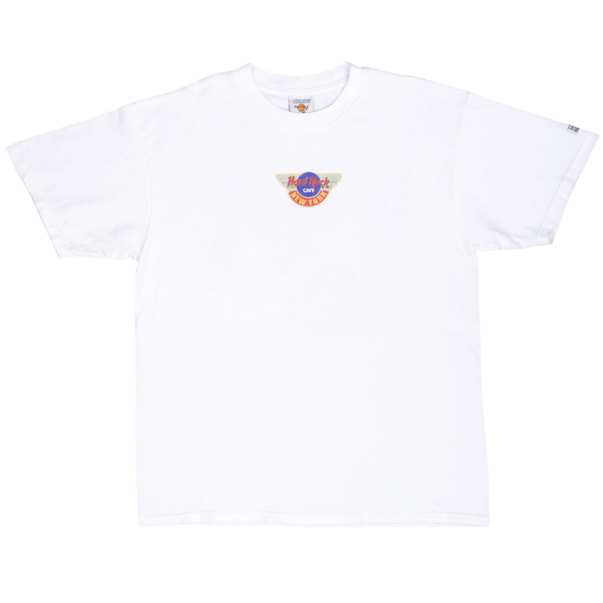 Front of white Hard Rock Cafe New York T-shirt with small multicolor chest logo