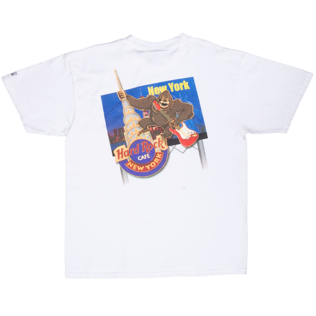 Full back of white Hard Rock Cafe New York T-shirt with King Kong and guitar graphic