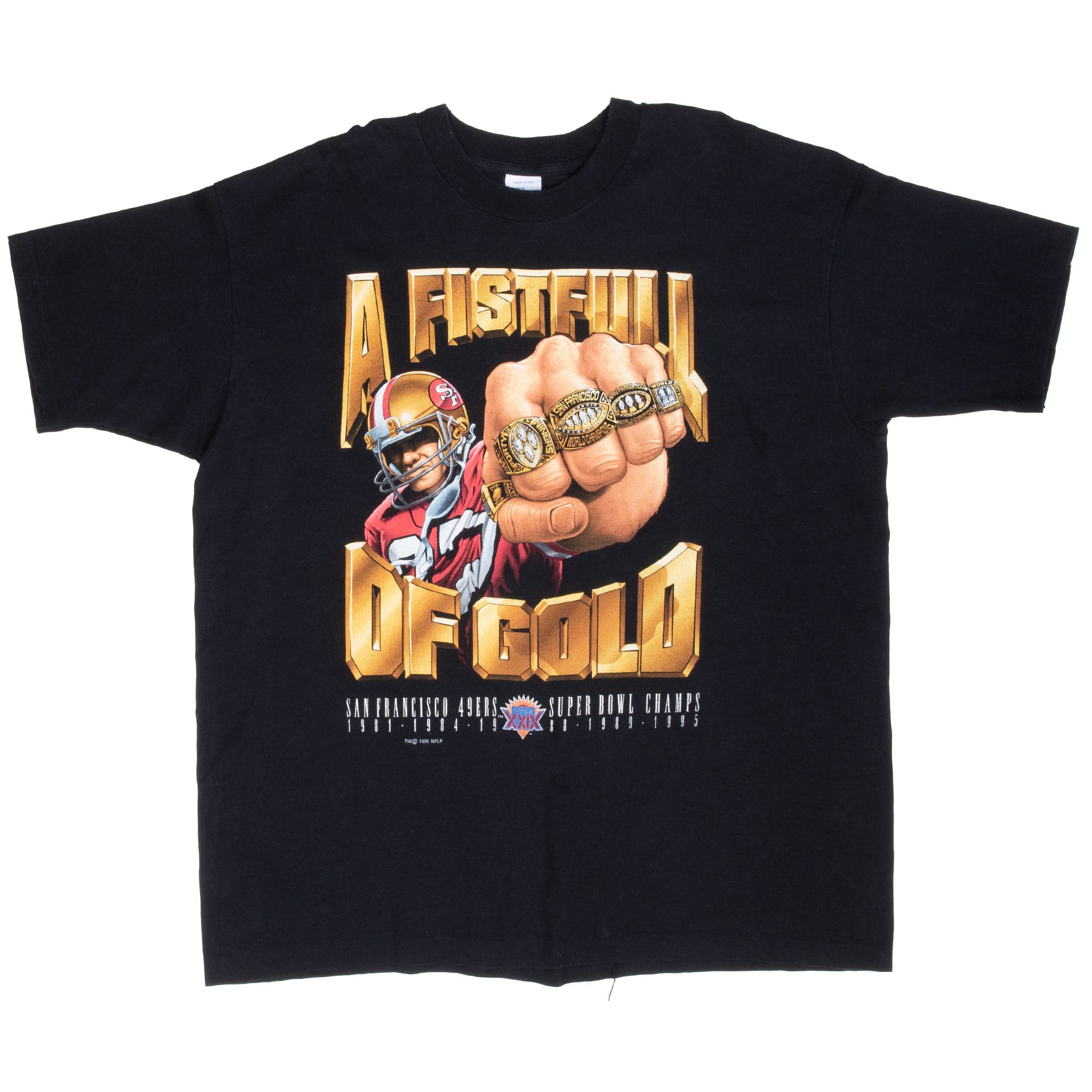 Full front view of black San Francisco 49ers five-time Super Bowl champions T-shirt