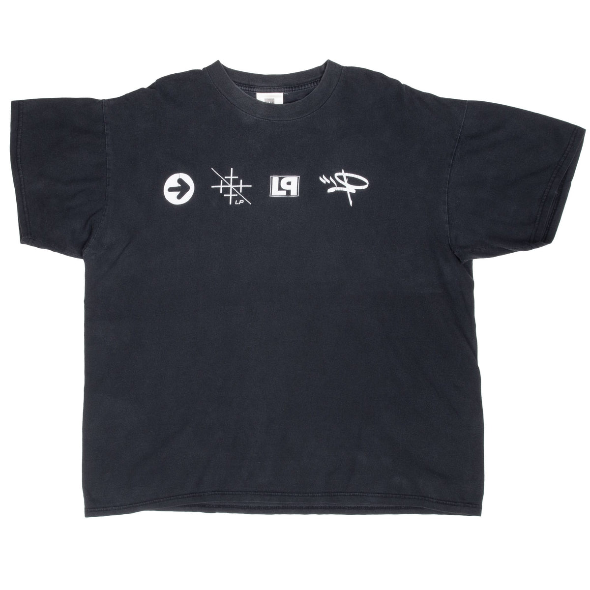 Full front view of black Linkin Park short-sleeve T-shirt with four white chest symbols