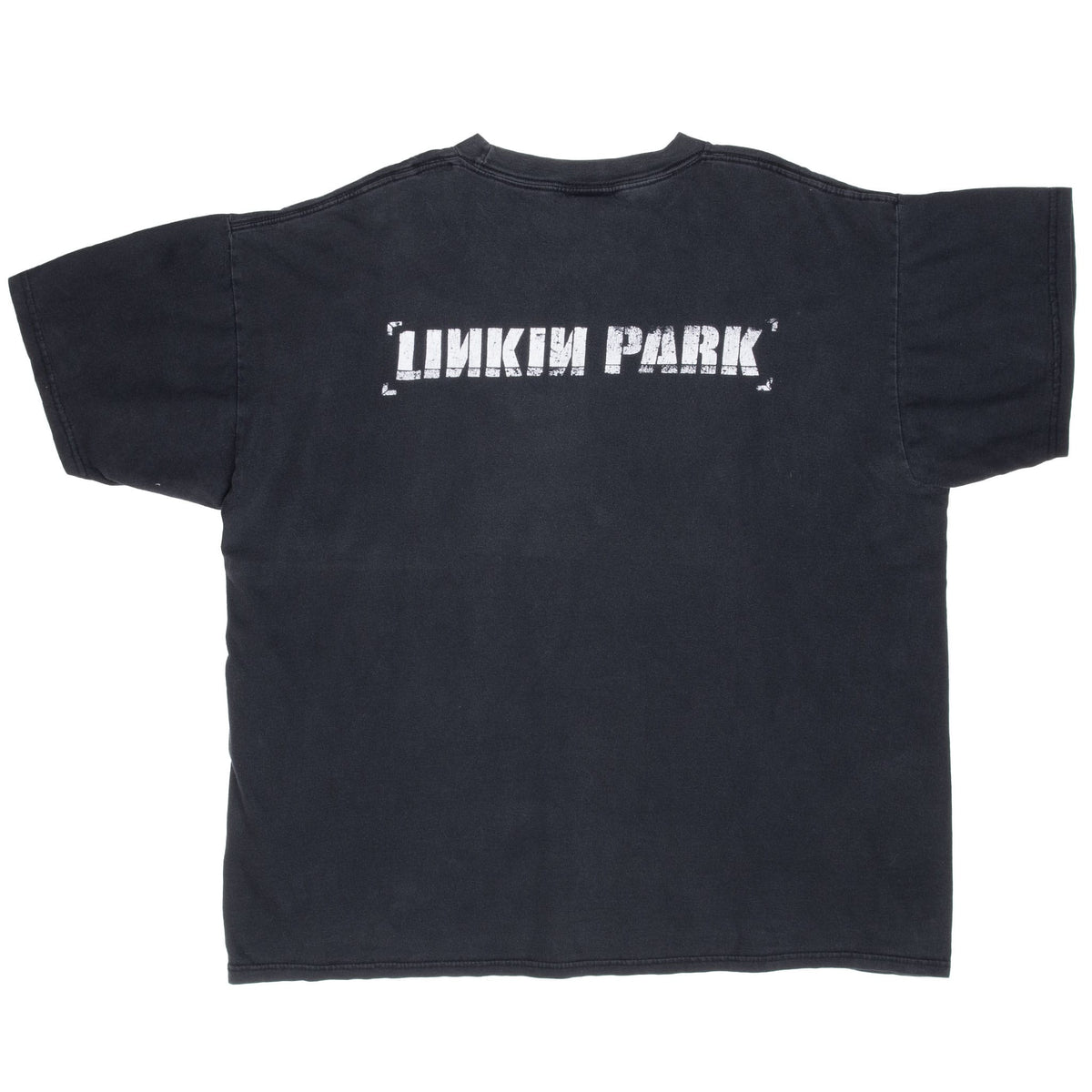 Back of black Linkin Park T-shirt with white band name graphic across the upper back