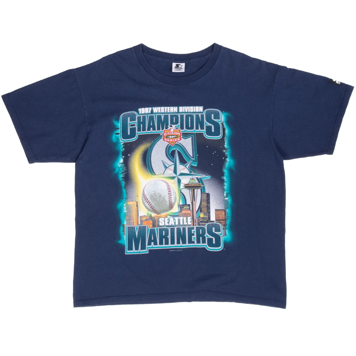 Front of navy Starter Seattle Mariners 1997 Western Division Champions T-shirt
