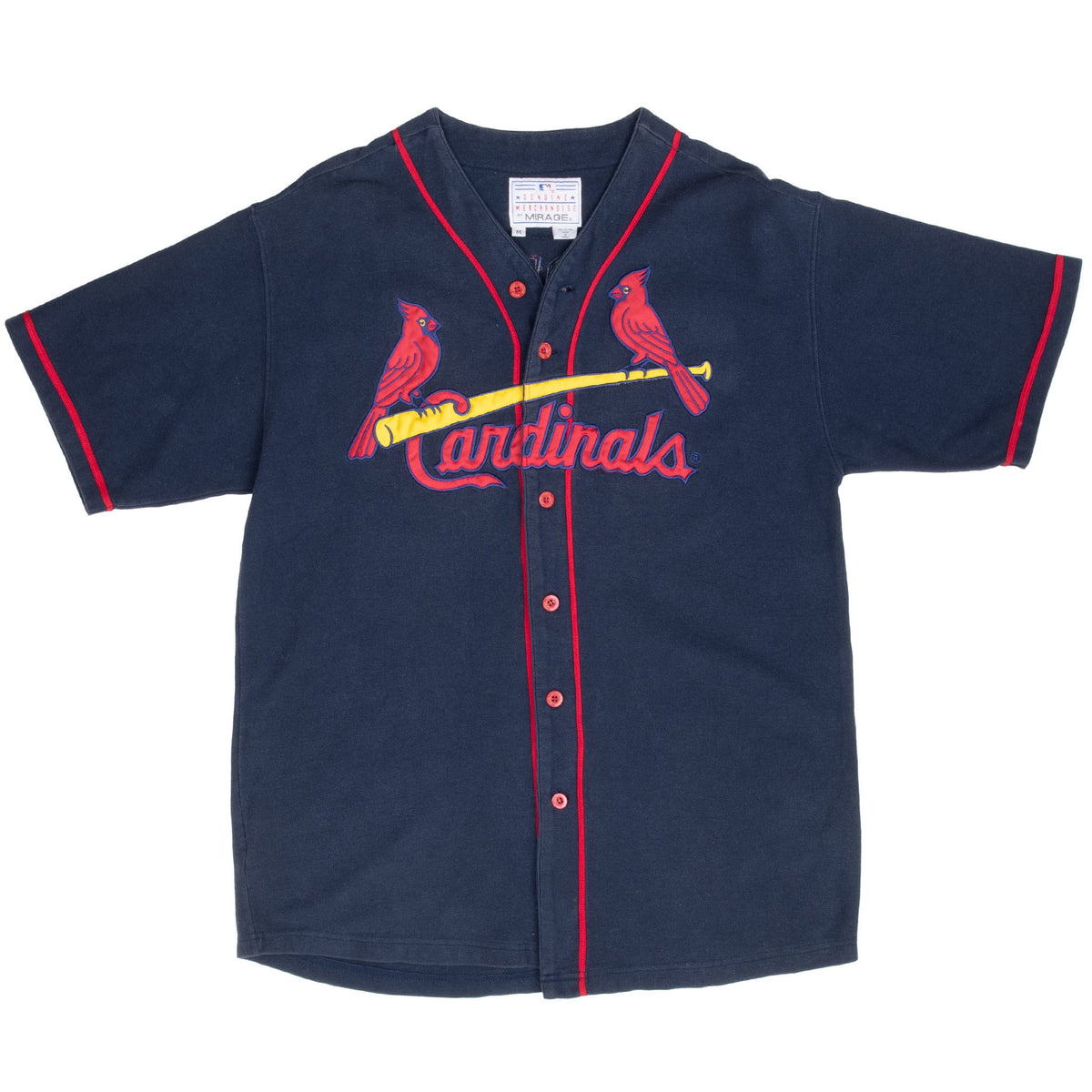 Full front of navy St. Louis Cardinals short-sleeve jersey with red trim and birds-on-bat logo