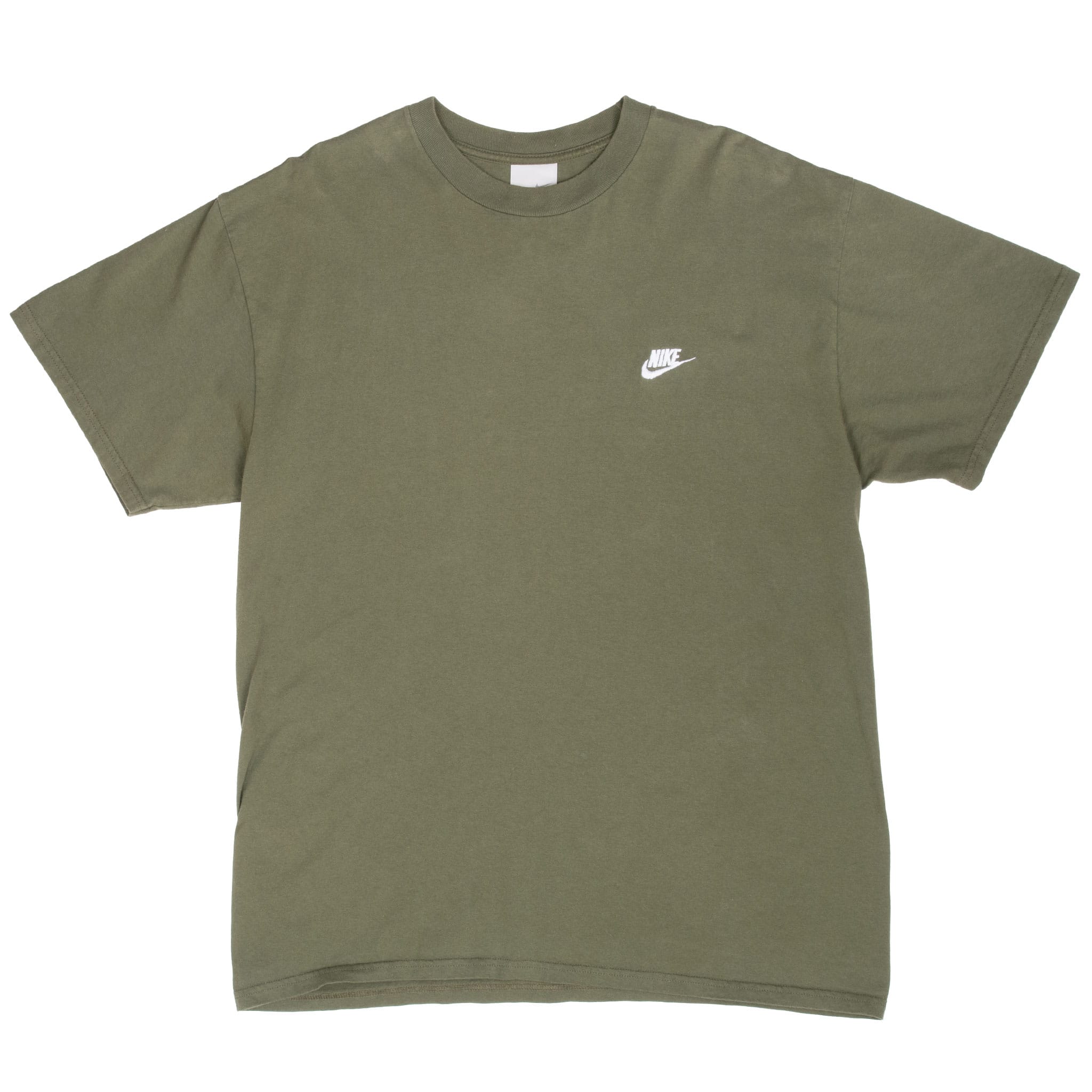 Full front of olive green Nike crewneck T-shirt with small white embroidered chest logo