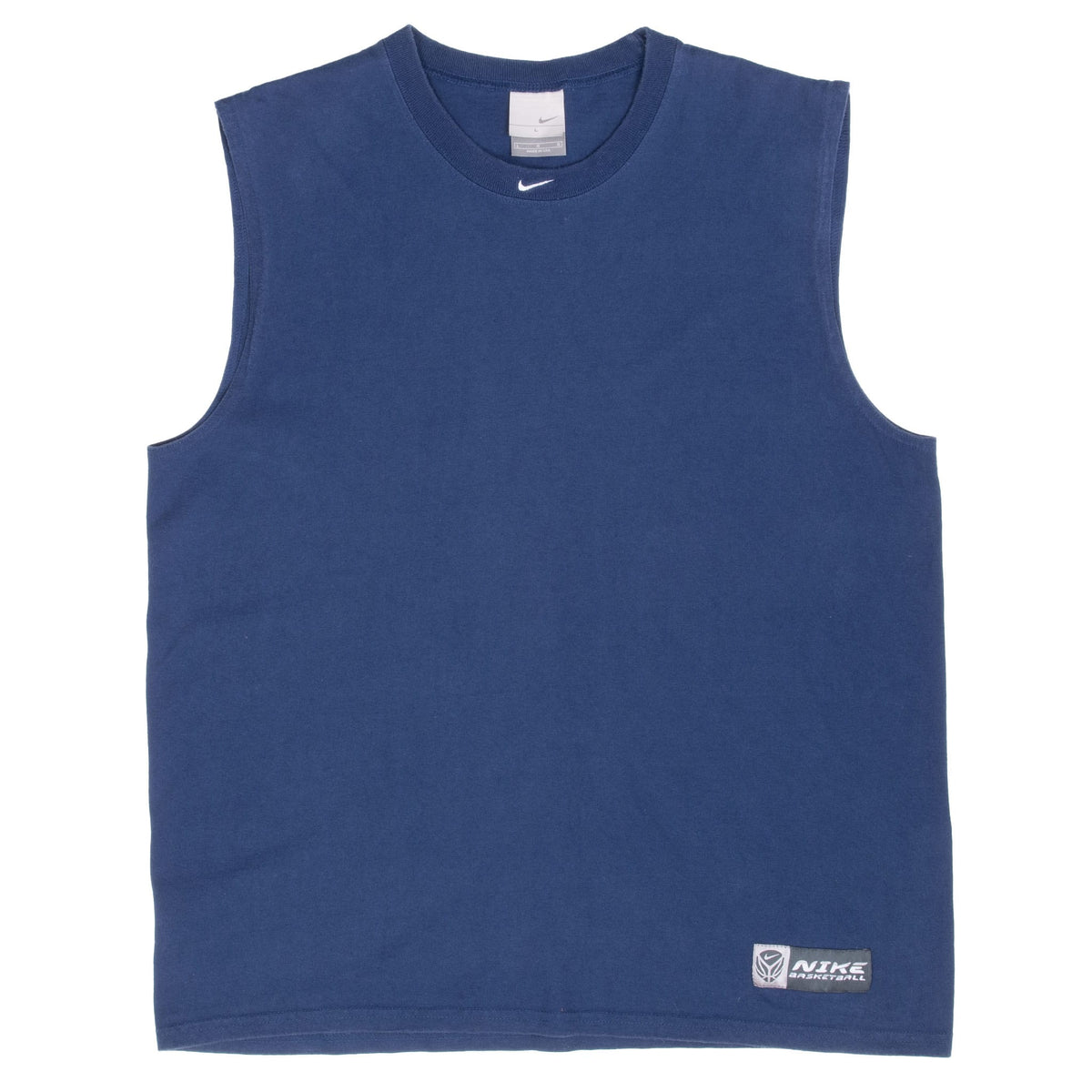 Full front view of navy Nike Basketball tank top with white Swoosh below the crew neck