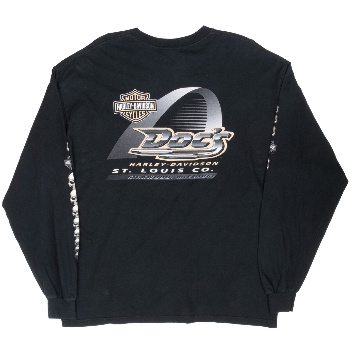 Back of black Harley-Davidson shirt with large Doc's St. Louis Co. dealership graphic