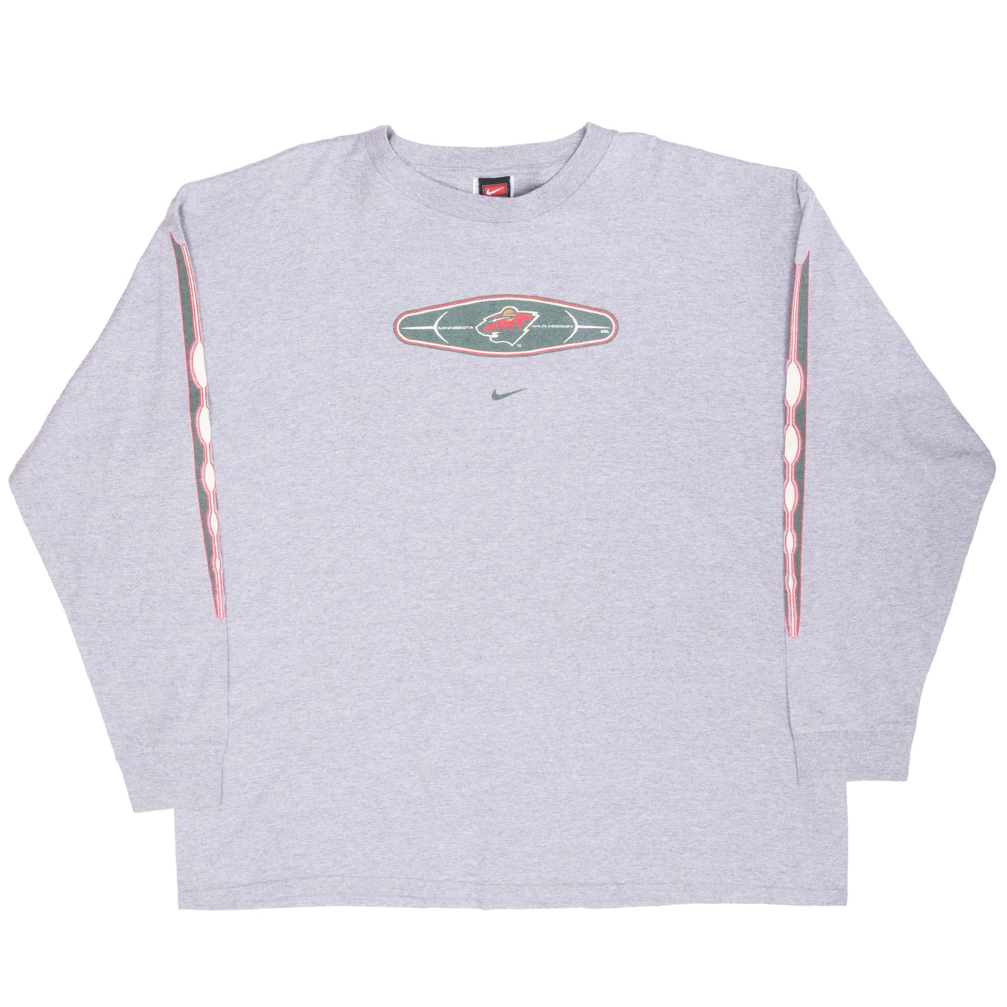 Front of gray Nike Minnesota Wild long-sleeve shirt with oval chest logo and green Swoosh