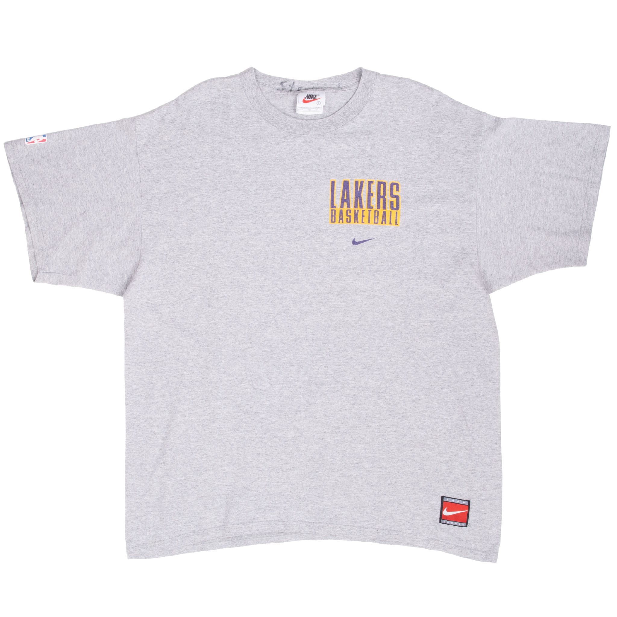Full front of grey Nike Lakers T-shirt with Lakers Basketball chest graphic