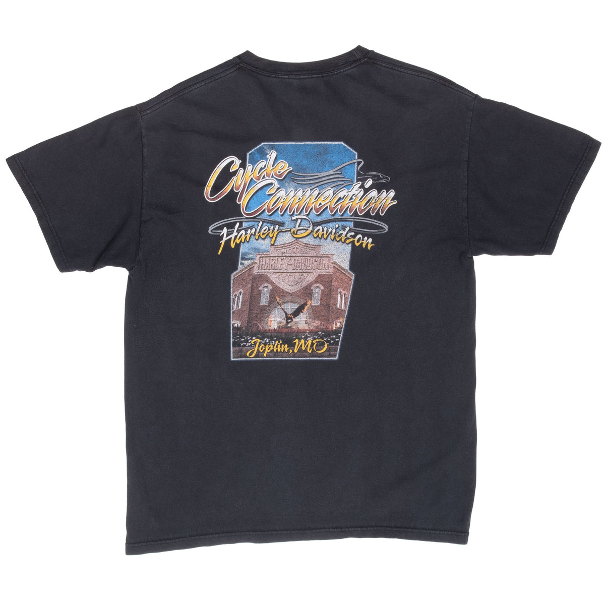 Back of black Harley-Davidson T-shirt with Cycle Connection Joplin, MO graphic