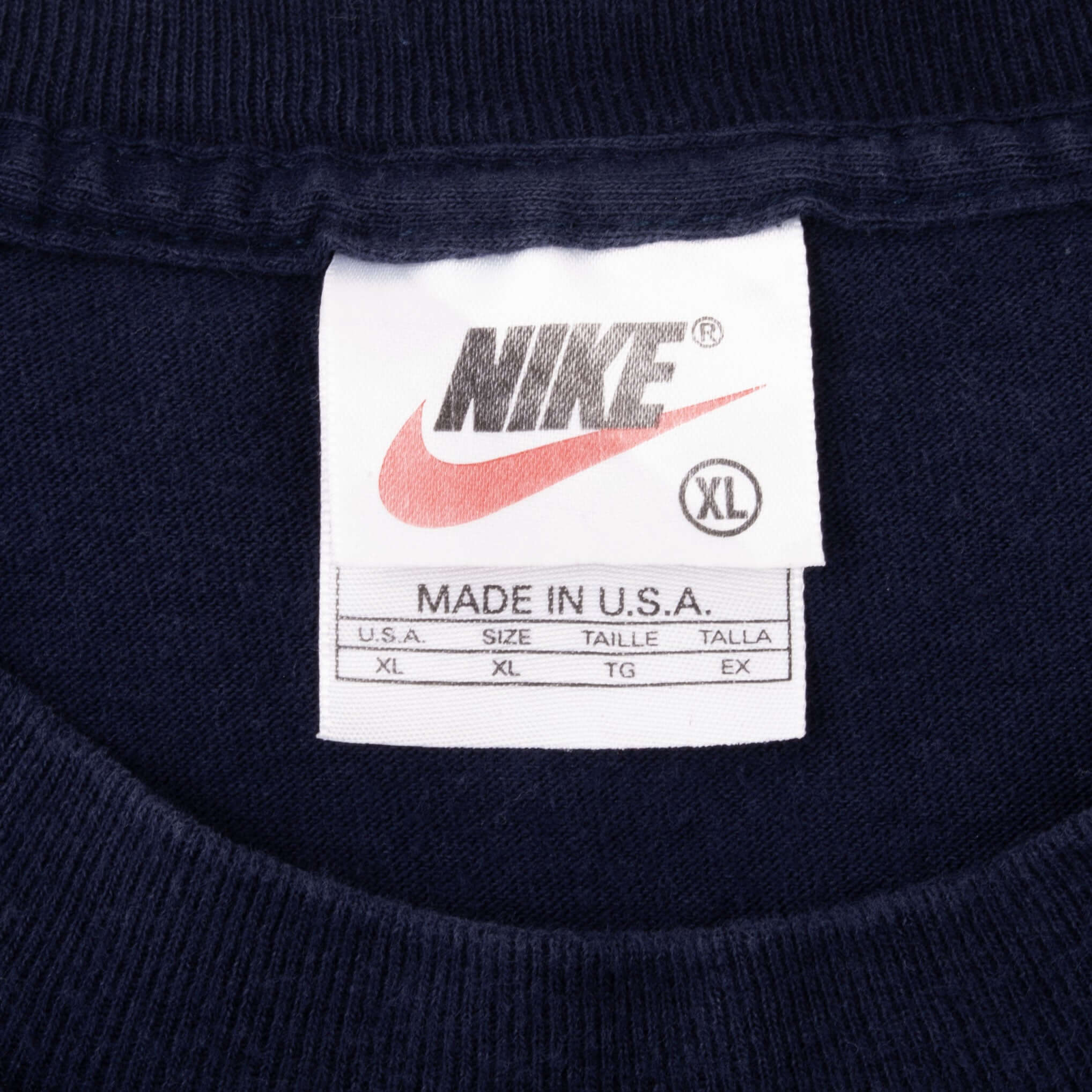 Vintage Nike Big Green Swoosh Navy Blue Tee Shirt Late 1990s Size XL Made In USA.