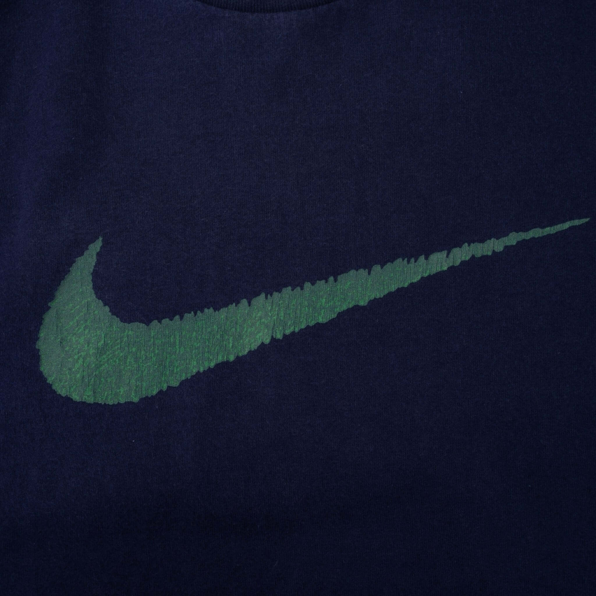 Vintage Nike Big Green Swoosh Navy Blue Tee Shirt Late 1990s Size XL Made In USA.