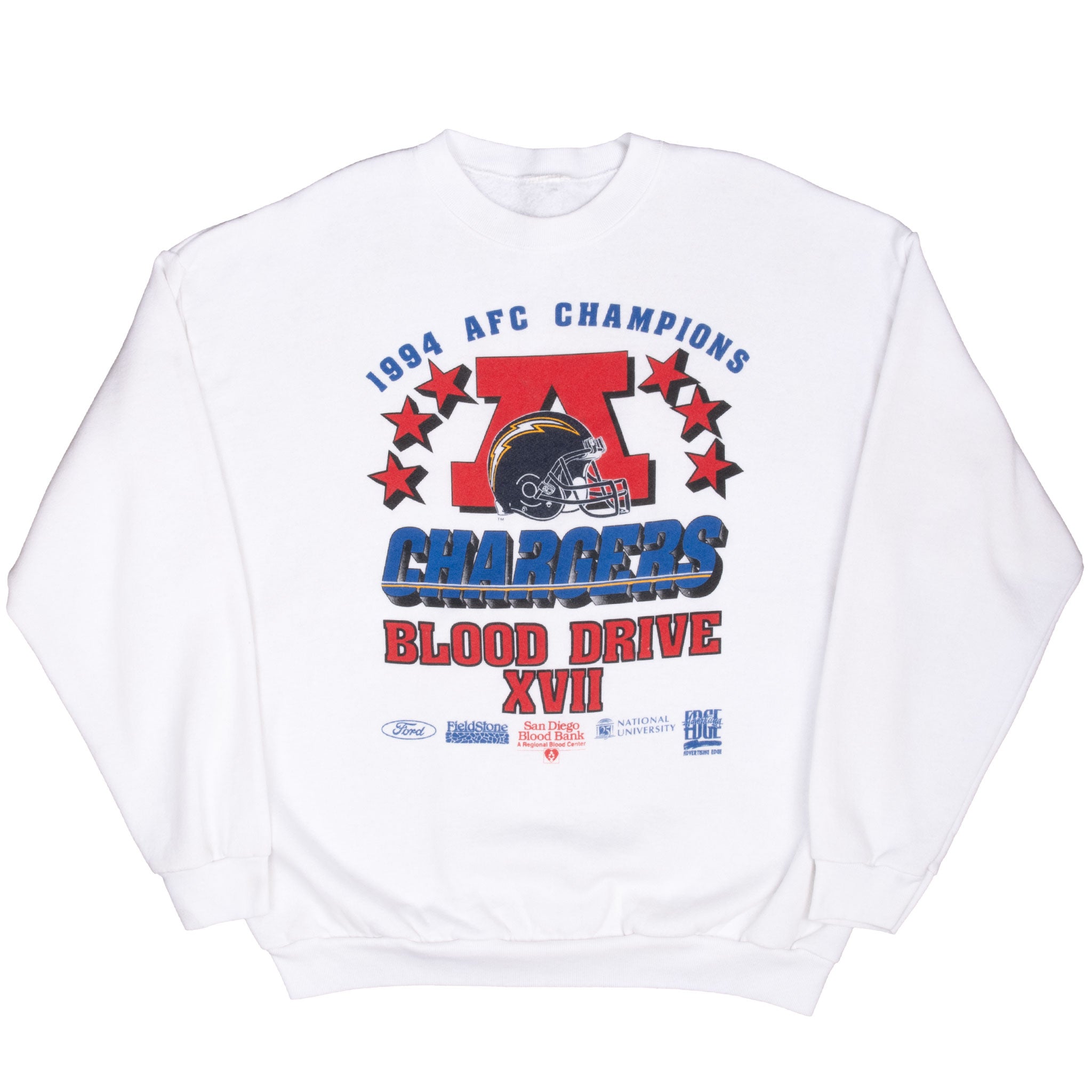 Full front of white San Diego Chargers sweatshirt with AFC Champions graphic