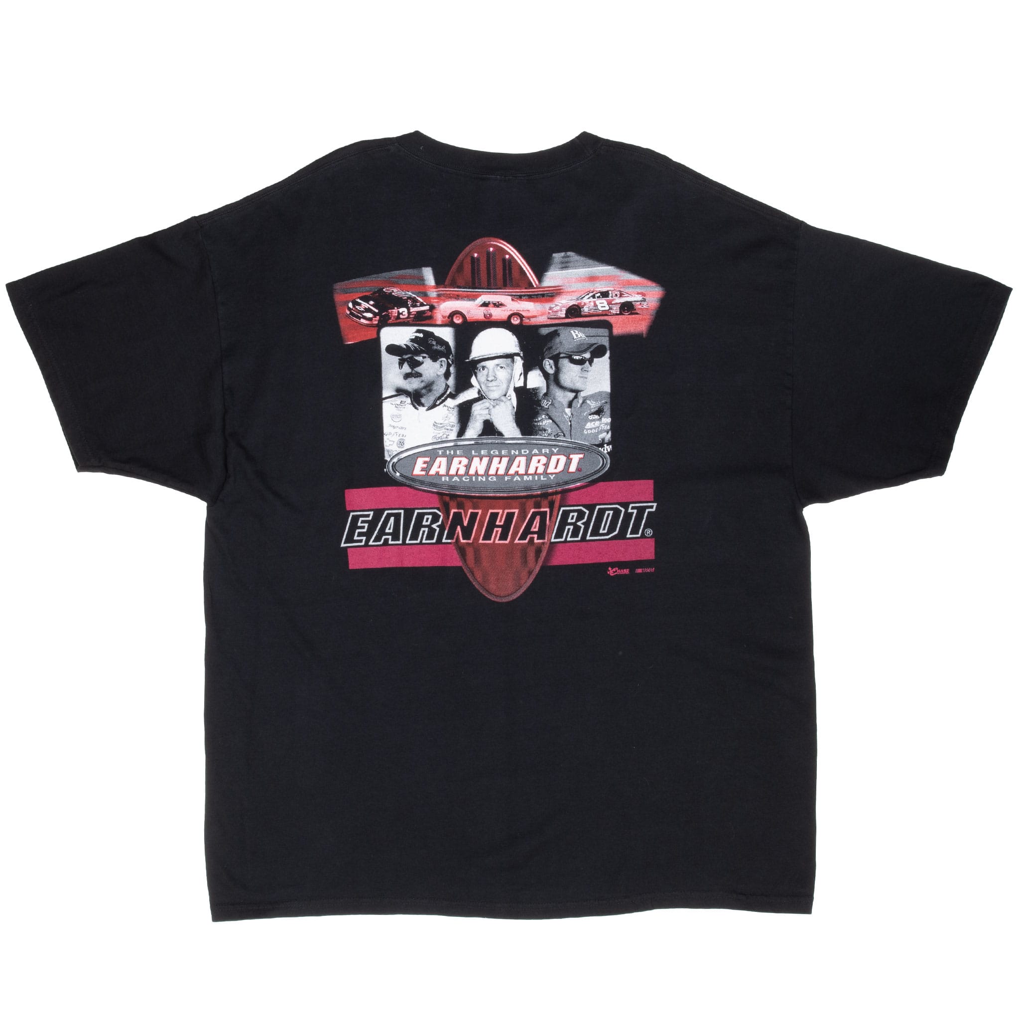 Back of black Earnhardt Racing Family T-shirt with driver portraits and race cars