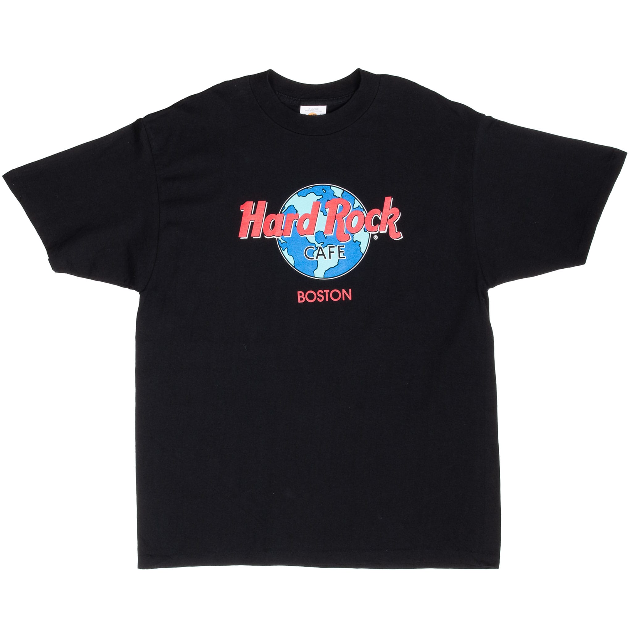 Full front of black Hard Rock Cafe Boston short-sleeve T-shirt with centered globe graphic