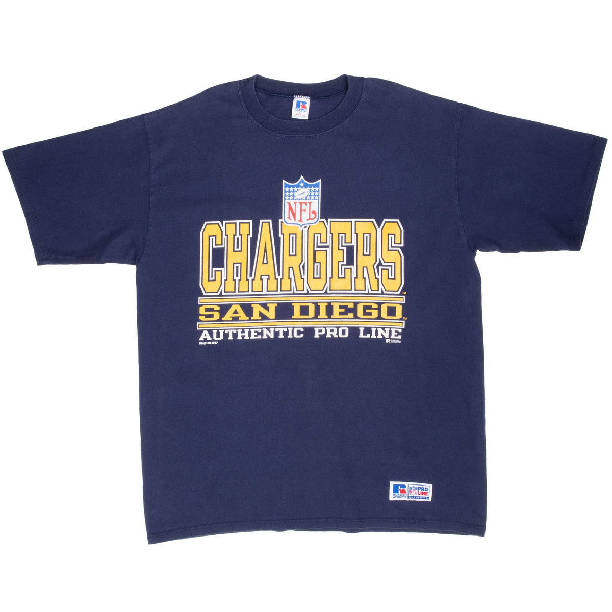 Full front of navy Russell Athletic San Diego Chargers T-shirt with yellow, white and red NFL graphic