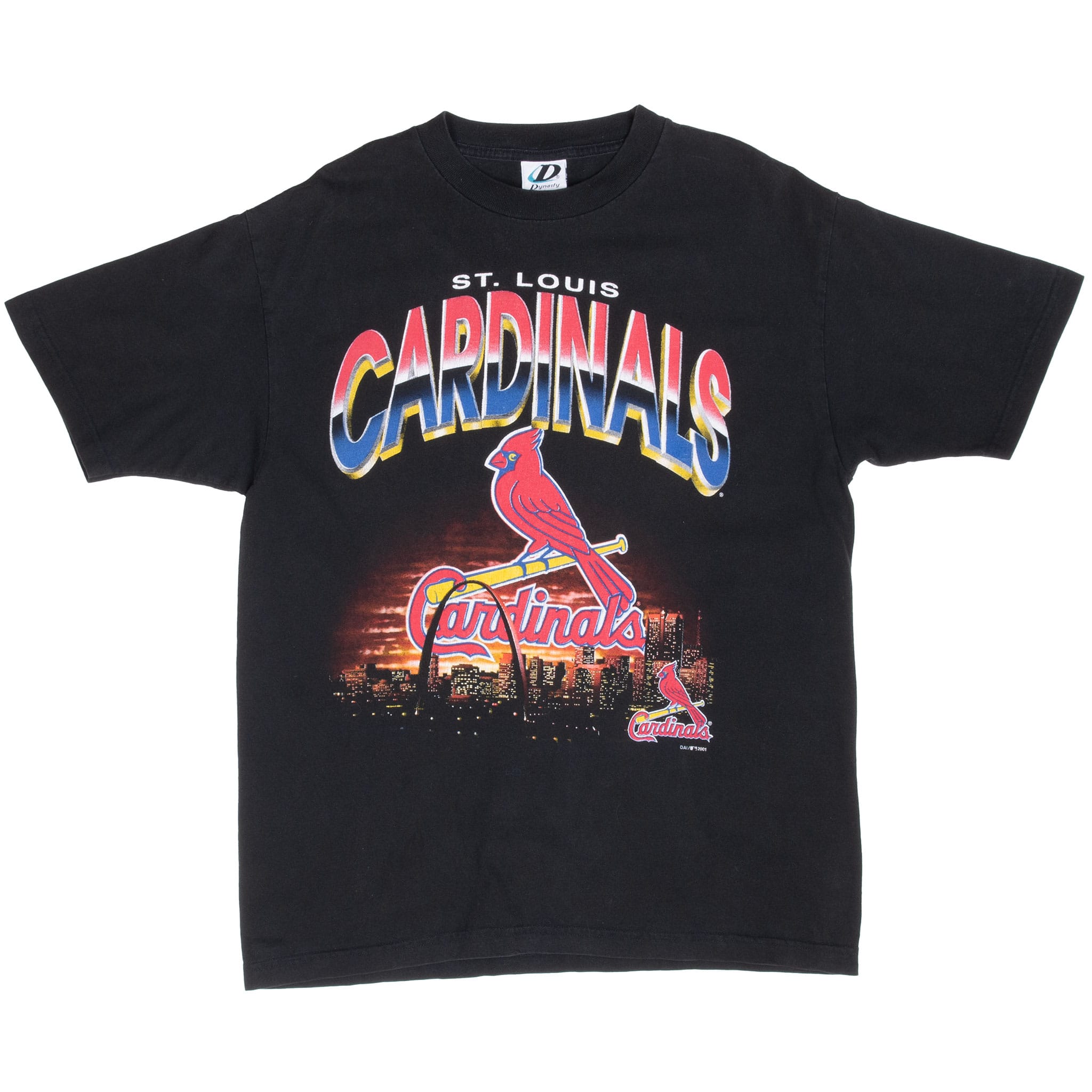 Front of black St. Louis Cardinals T-shirt with multicolor bird-on-bat, Gateway Arch and skyline graphic