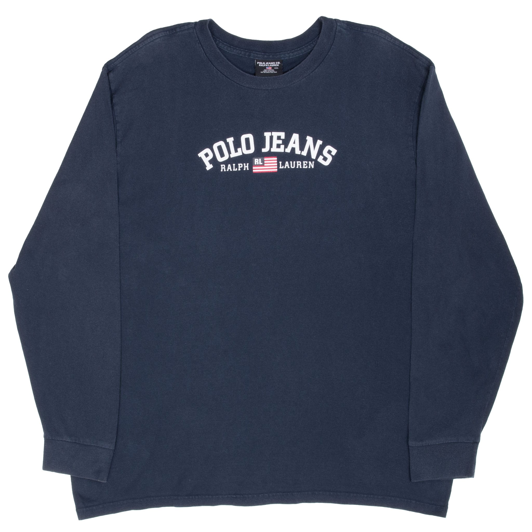 Blue Ralph Lauren Polo Jeans long-sleeve T-shirt laid flat, front view