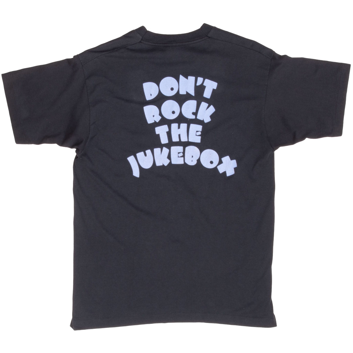 Back of black Alan Jackson T-shirt with light blue Don't Rock the Jukebox lettering