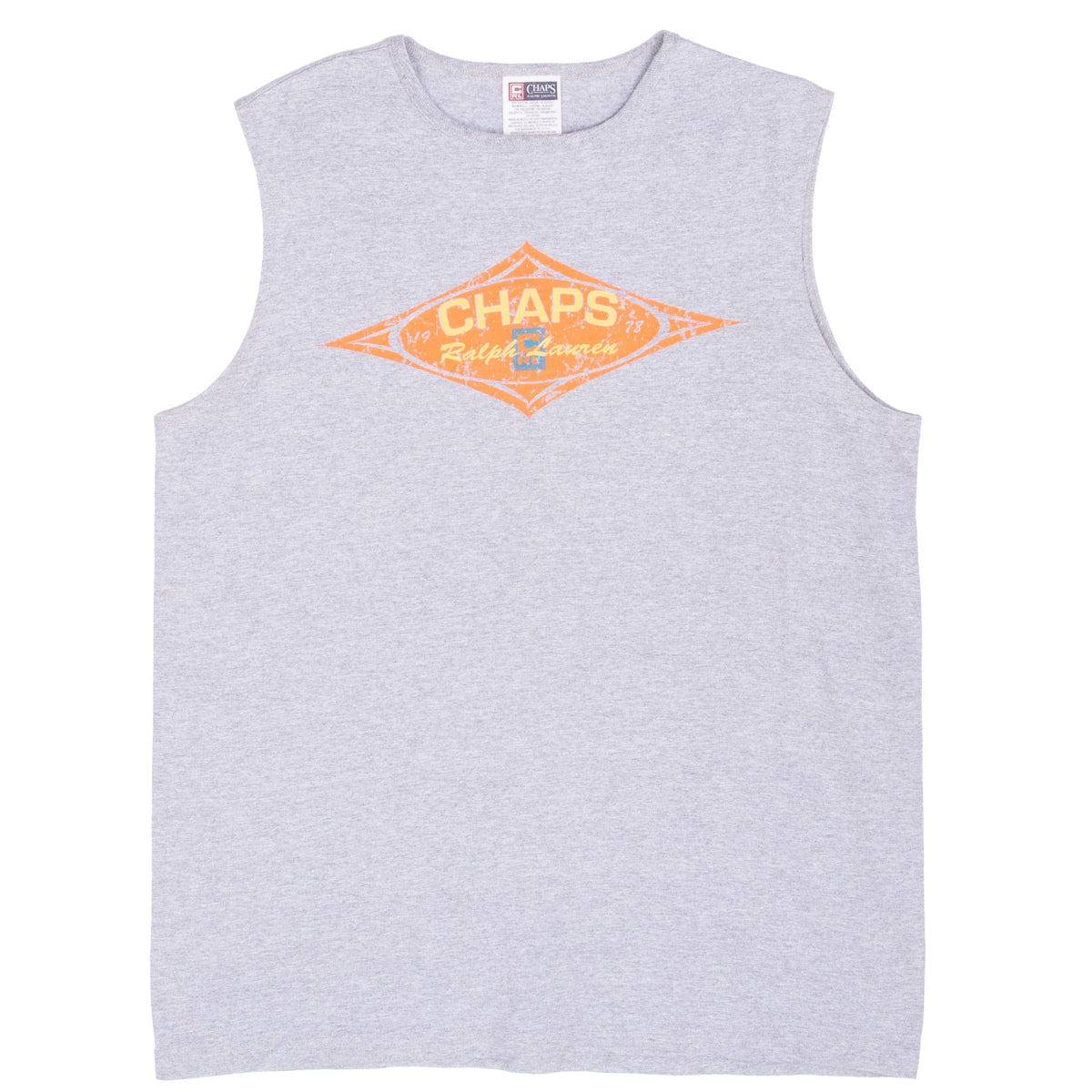 Full front view of grey Chaps Ralph Lauren sleeveless T-shirt with chest graphic