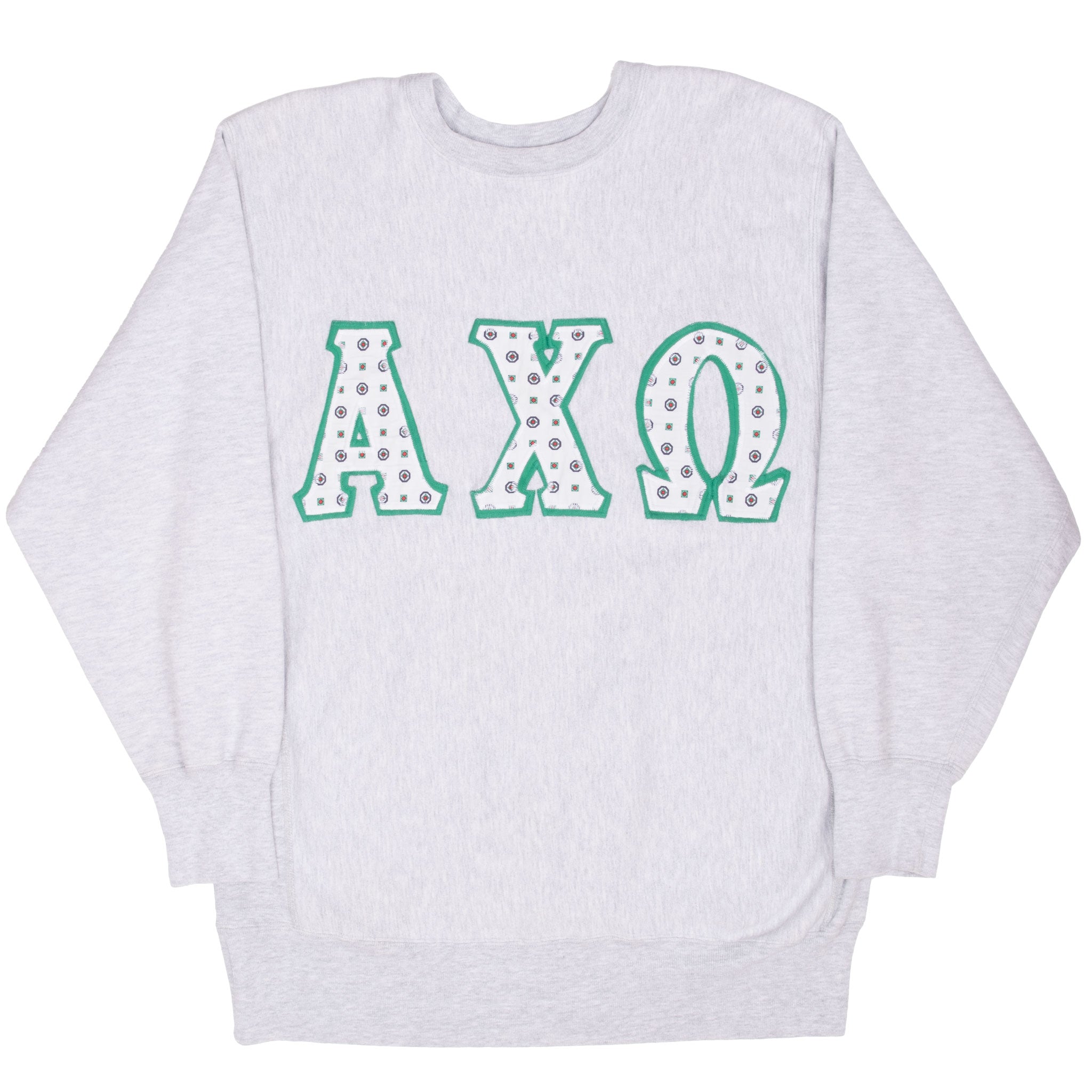 Full front of gray Champion sweatshirt with patterned Alpha Chi Omega lettering