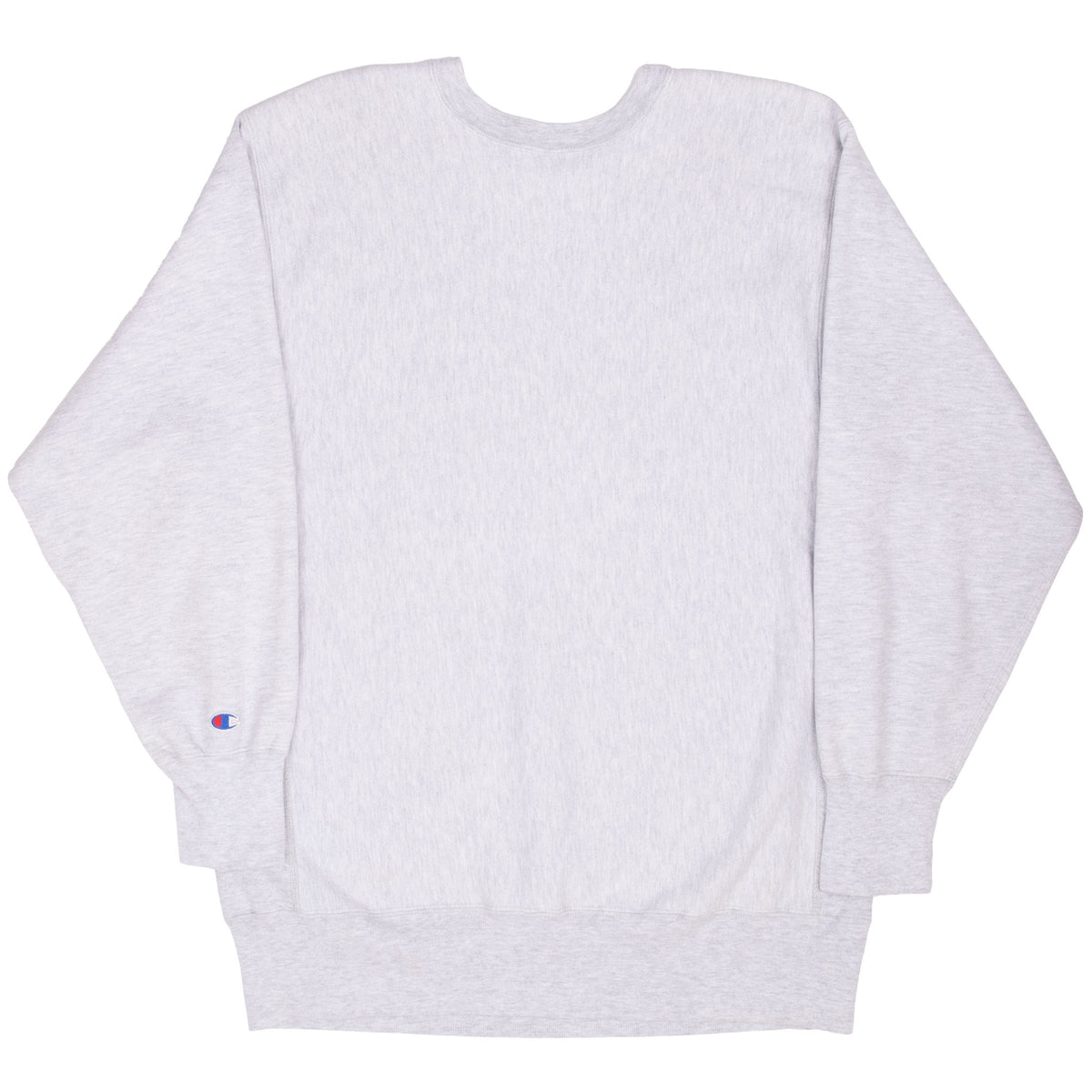 Back of gray Champion Reverse Weave crewneck sweatshirt with sleeve logo