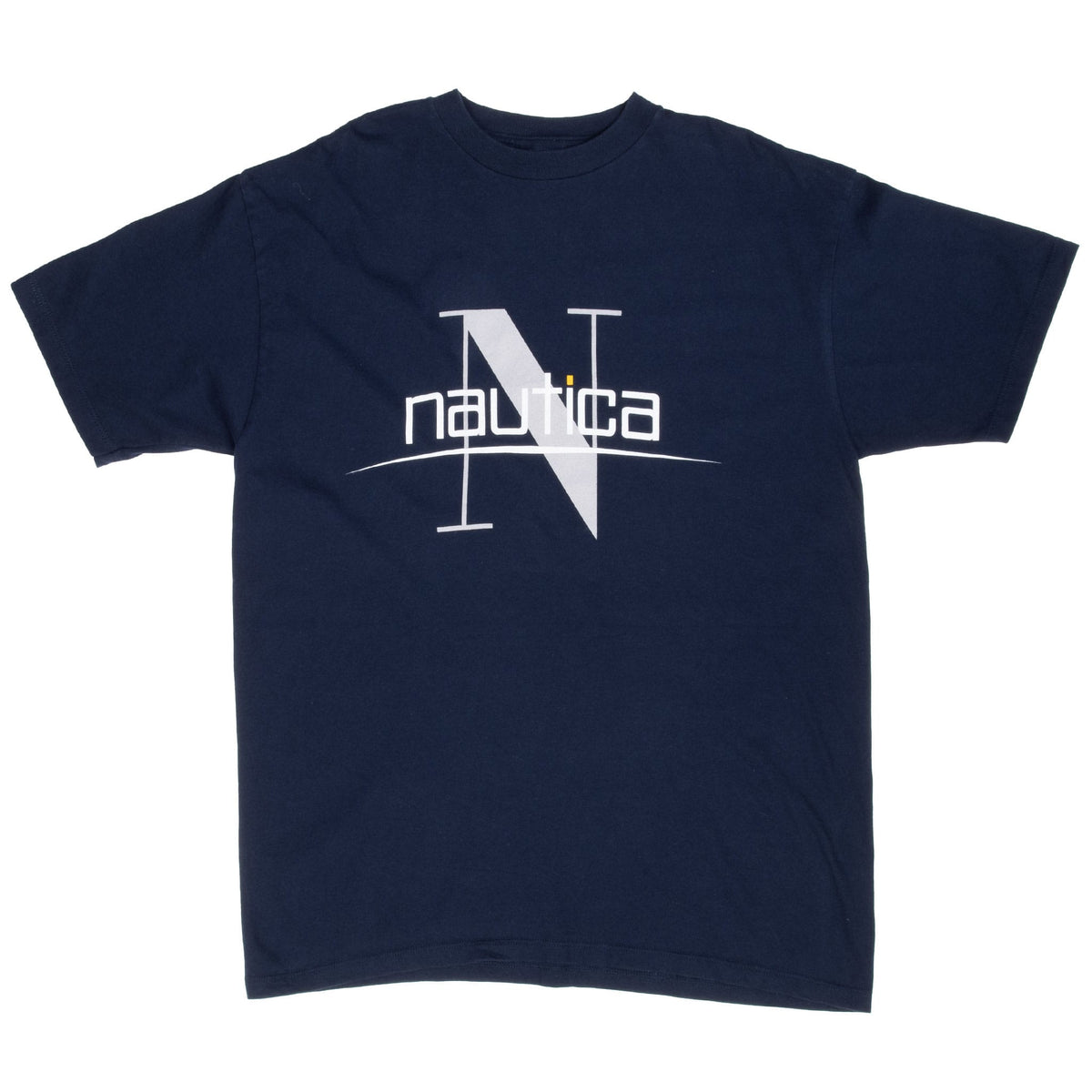Full front of navy Nautica crewneck T-shirt with oversized N logo graphic