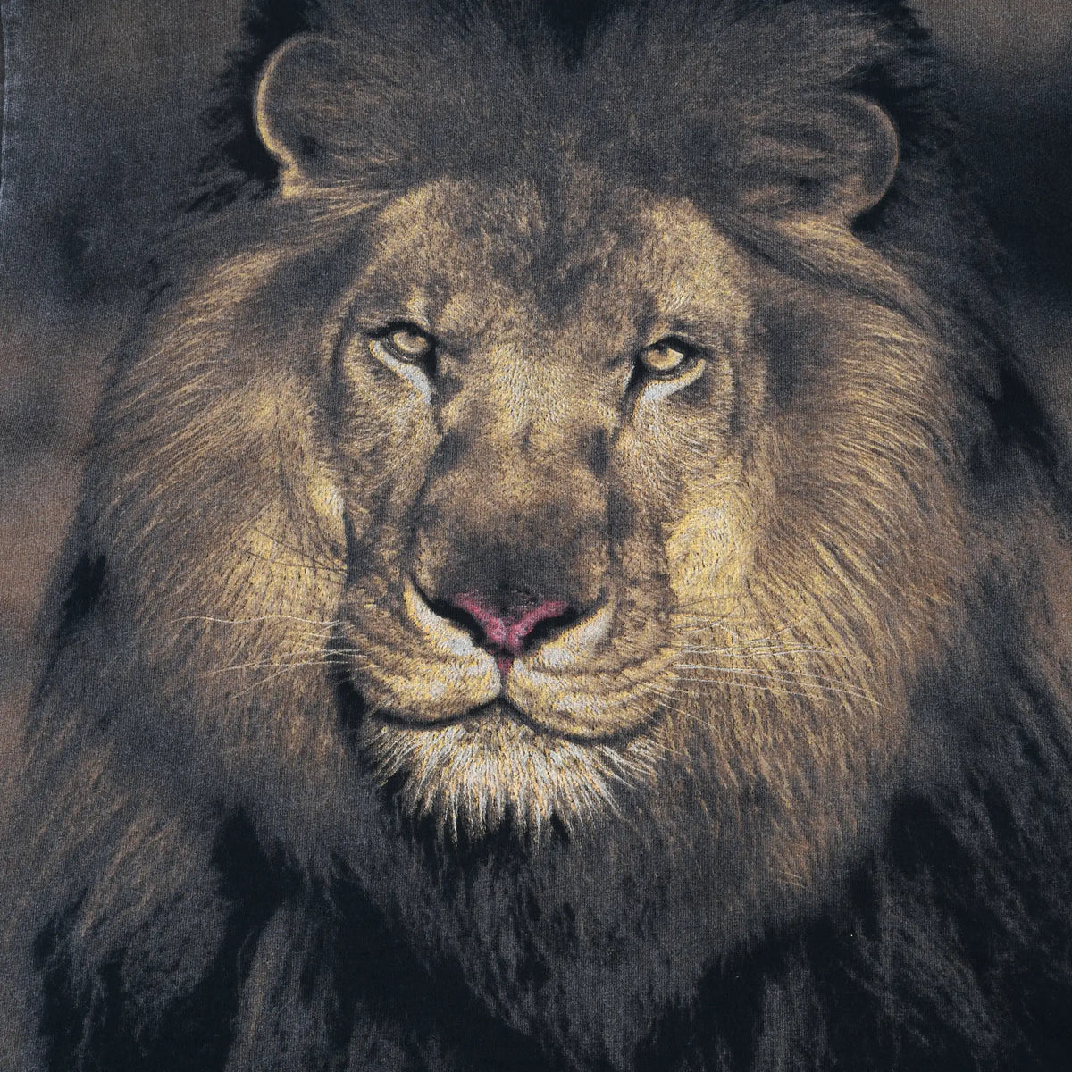 Close-up of brown lion face graphic on front of black T-shirt