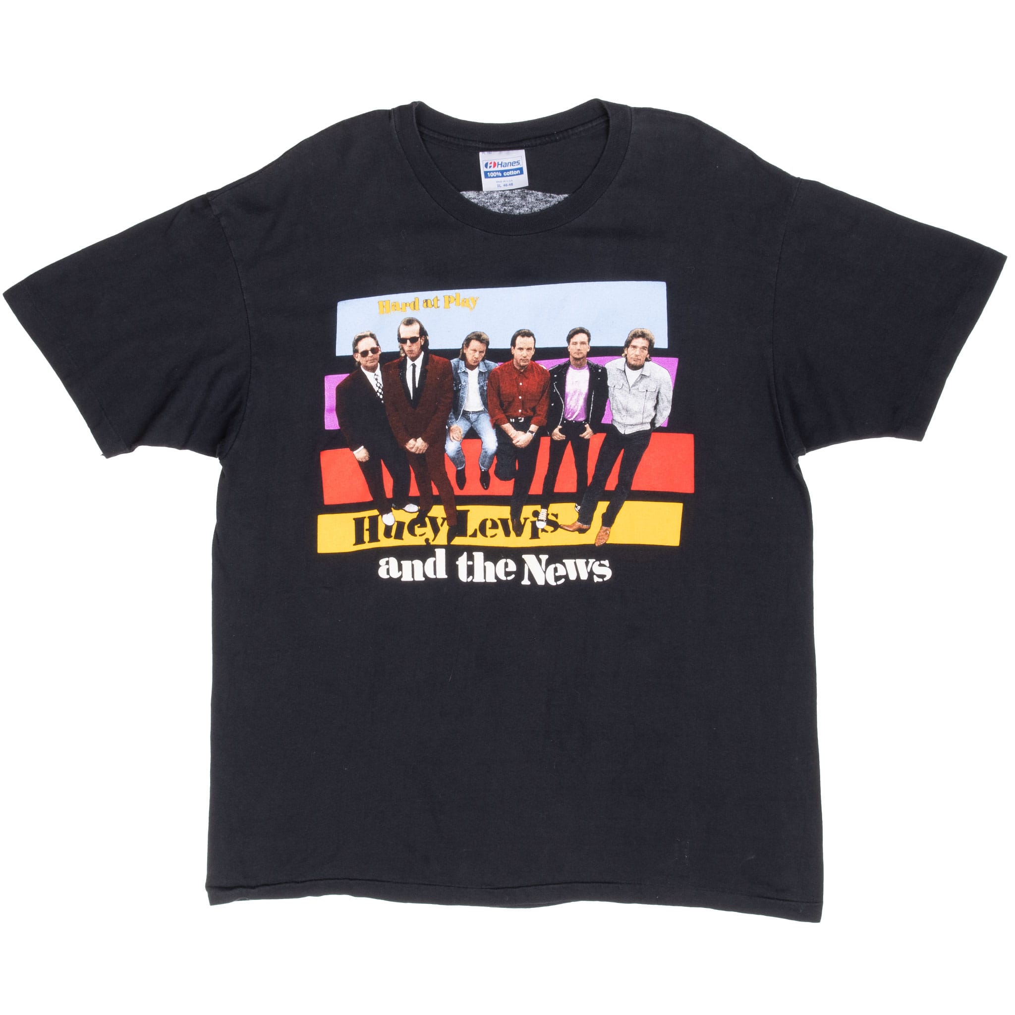 Full front of black Huey Lewis and the News Hard at Play graphic T-shirt
