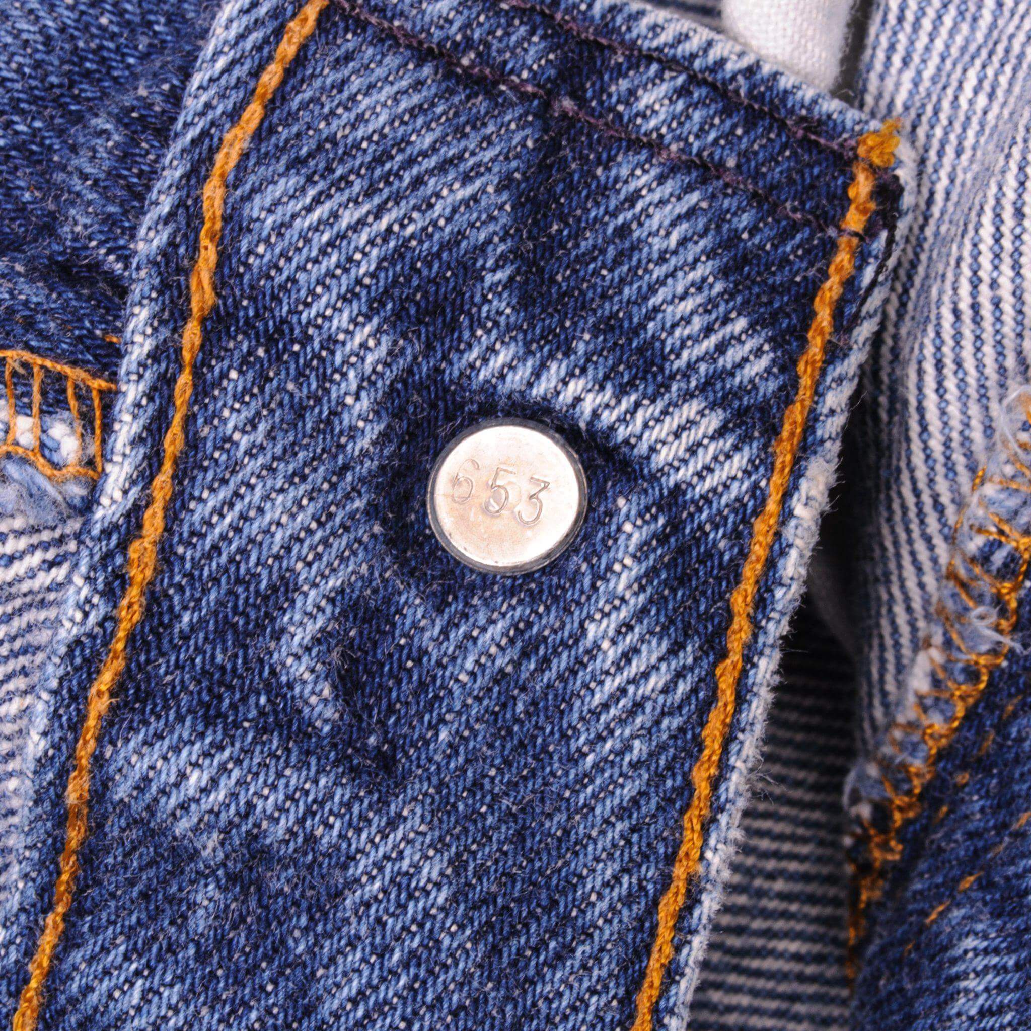 Beautiful Indigo Levis 501 Jeans 1985-1988 Made in USA with a medium blue wash and a nice contrast between light and medium blue. Size on Tag 29X30 ACTUAL SIZE 29X29 Back Button #653