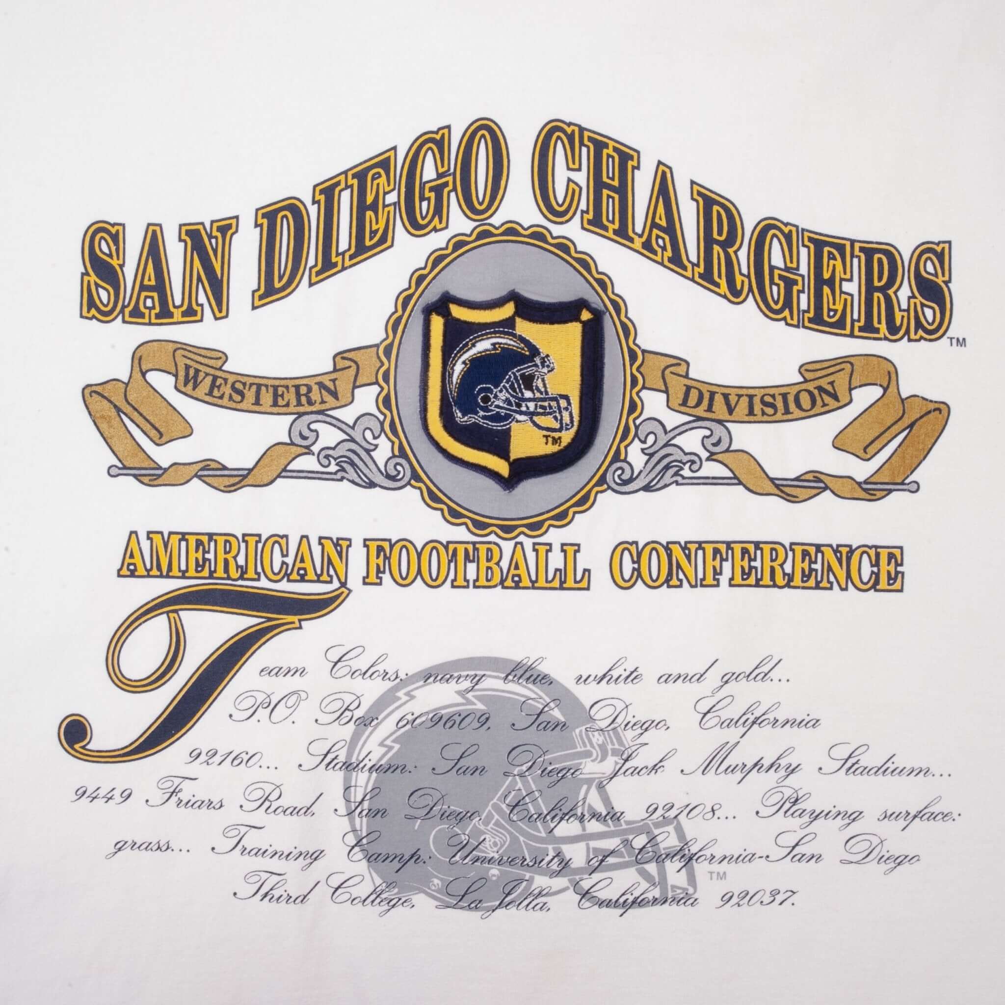 Vintage NFL San Diego Chargers Embroidered Nutmeg Tee Shirt 1990s Size XL Made In USA With Single Stitch Sleeves