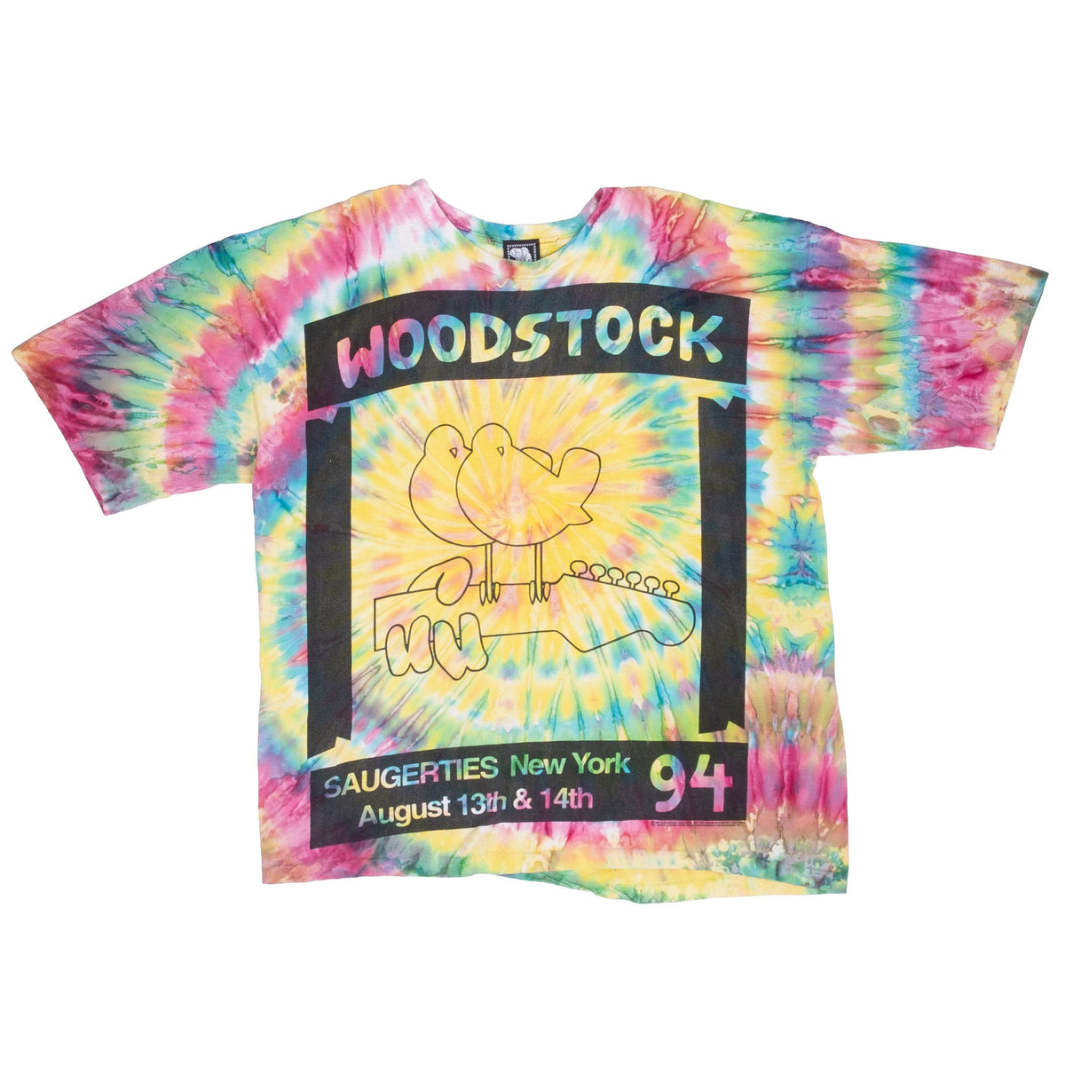 Full front of Woodstock 1994 multicolor tie-dye T-shirt with bird-and-guitar graphic