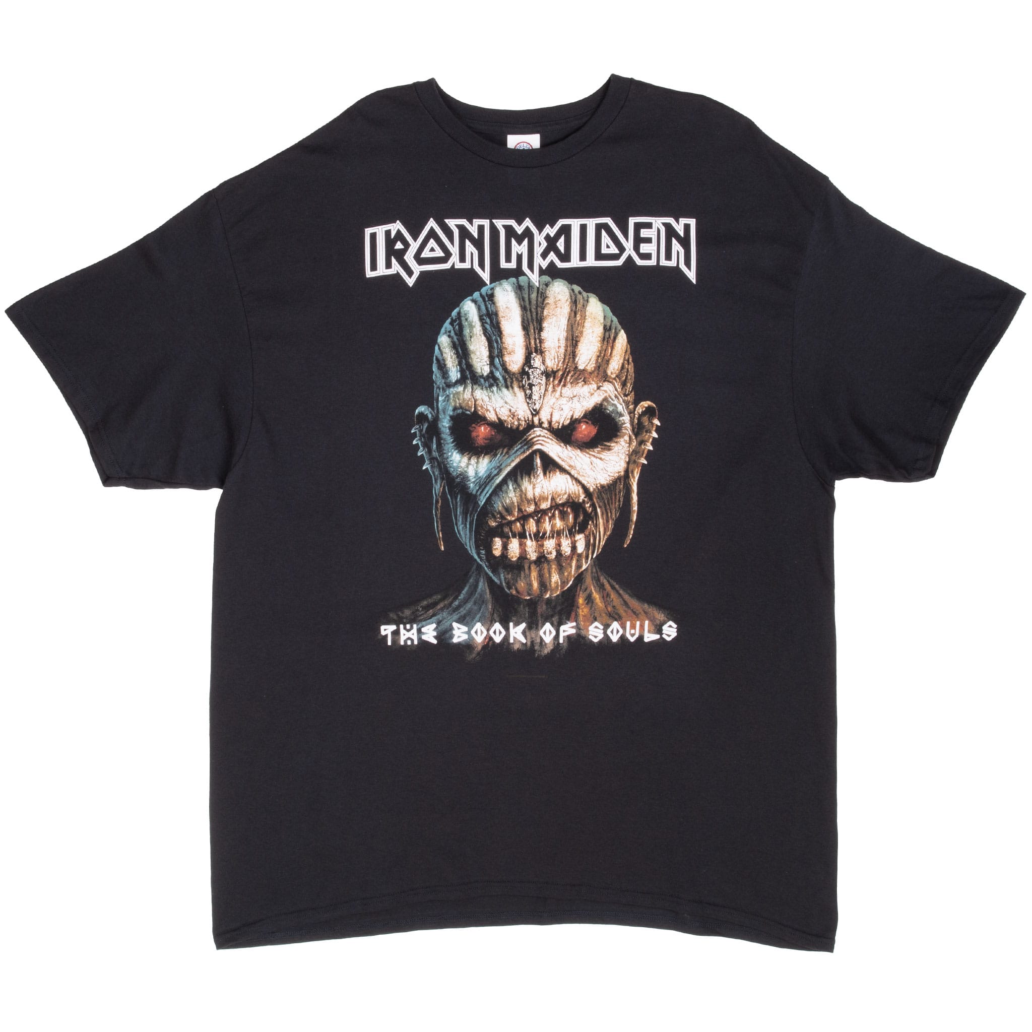 Front of black Iron Maiden The Book of Souls T-shirt with Eddie portrait graphic