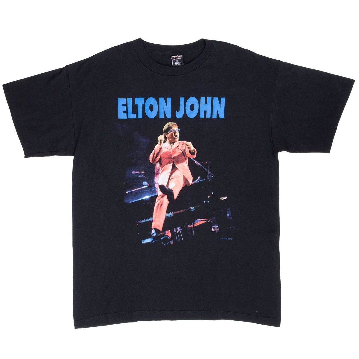 Front of black Elton John tour T-shirt with blue logo and Elton performing in a pink suit