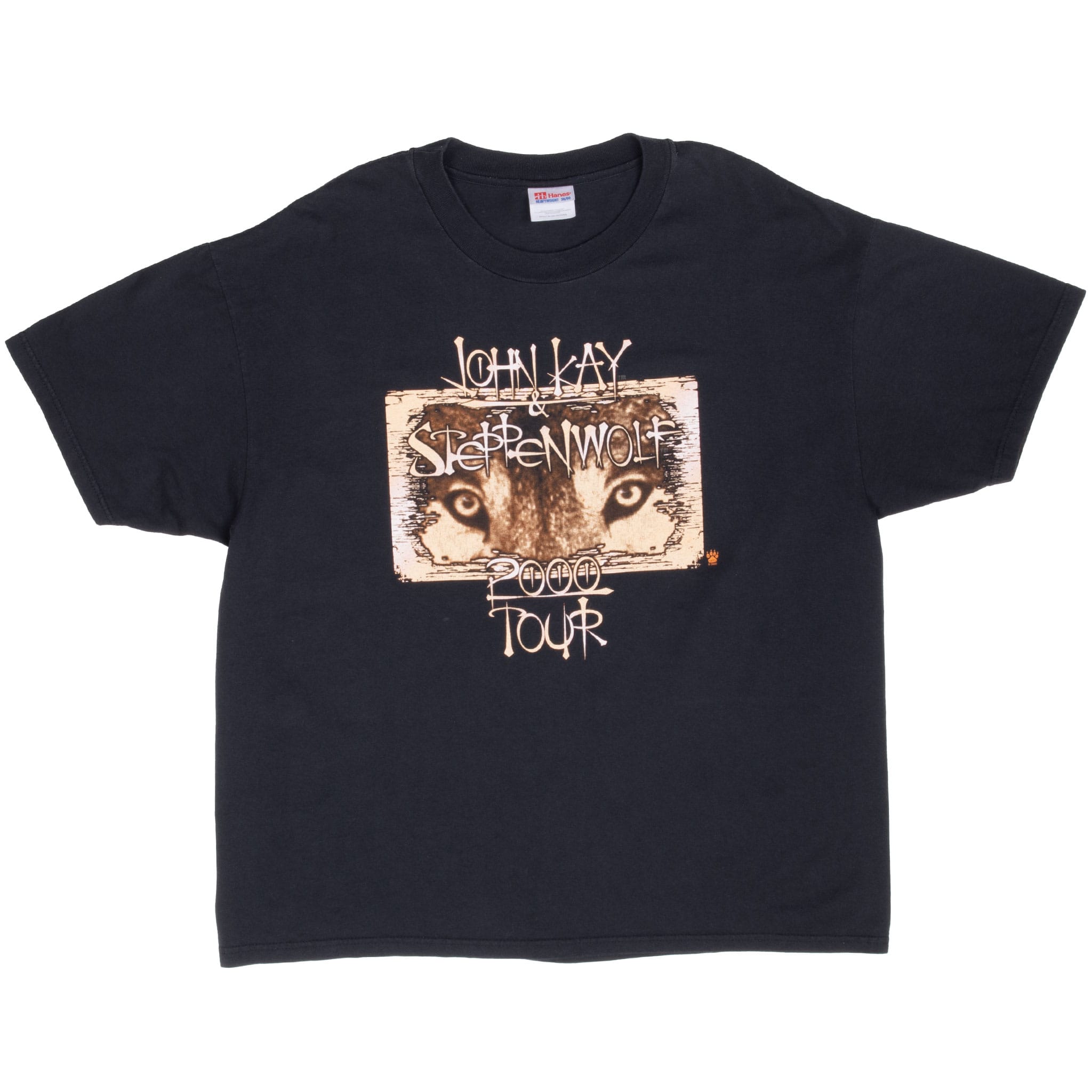 Front of black John Kay & Steppenwolf 2000 Tour T-shirt with wolf eyes graphic
