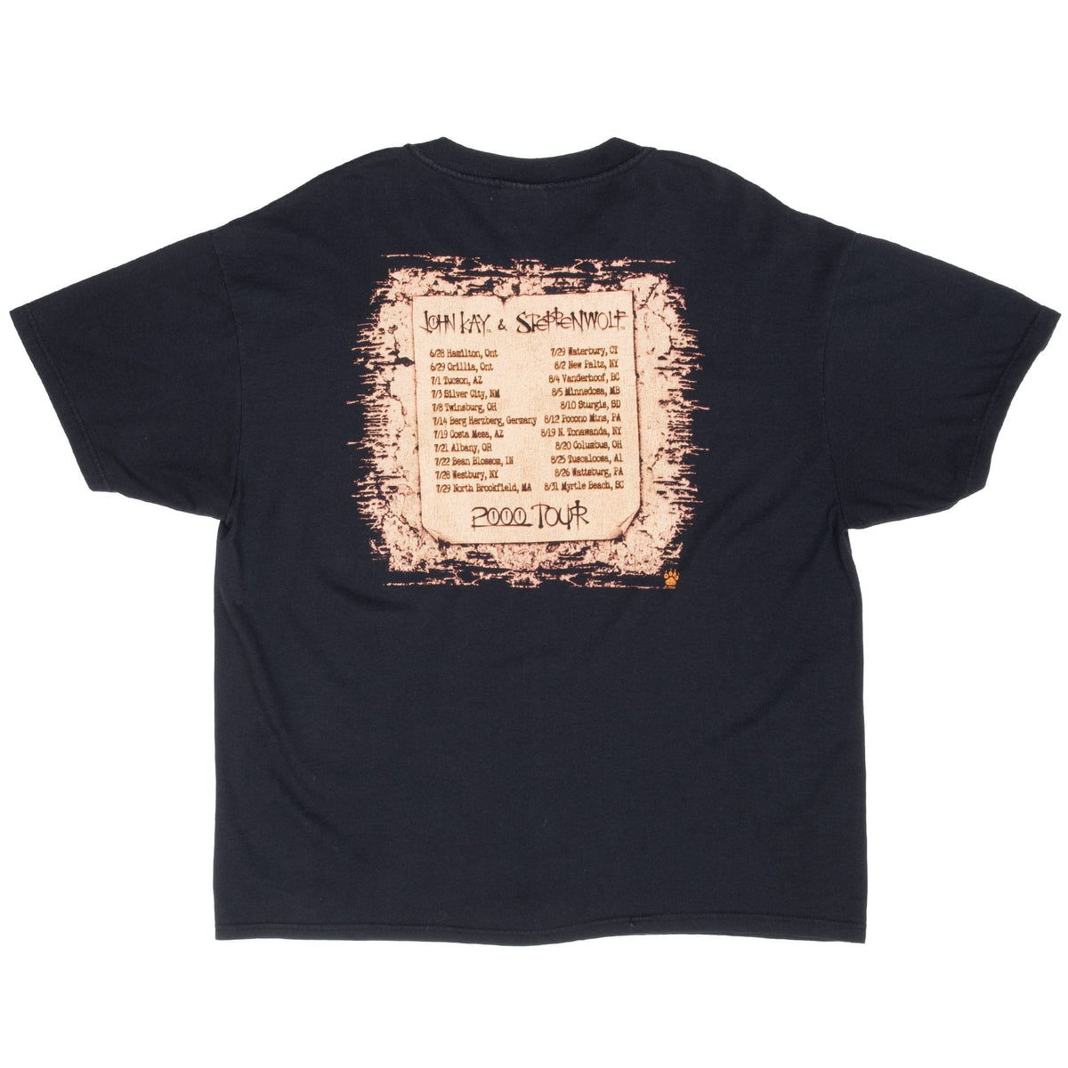 Back of black John Kay & Steppenwolf 2000 Tour T-shirt with dates and locations graphic