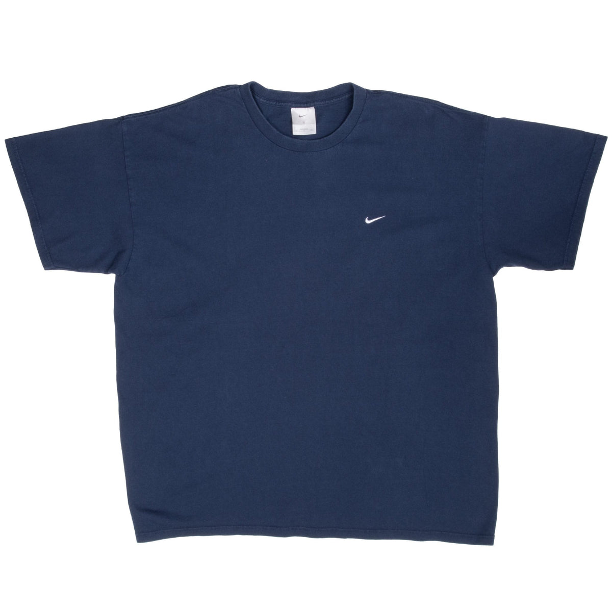 Full front of navy blue Nike short-sleeve T-shirt with white Swoosh at left chest