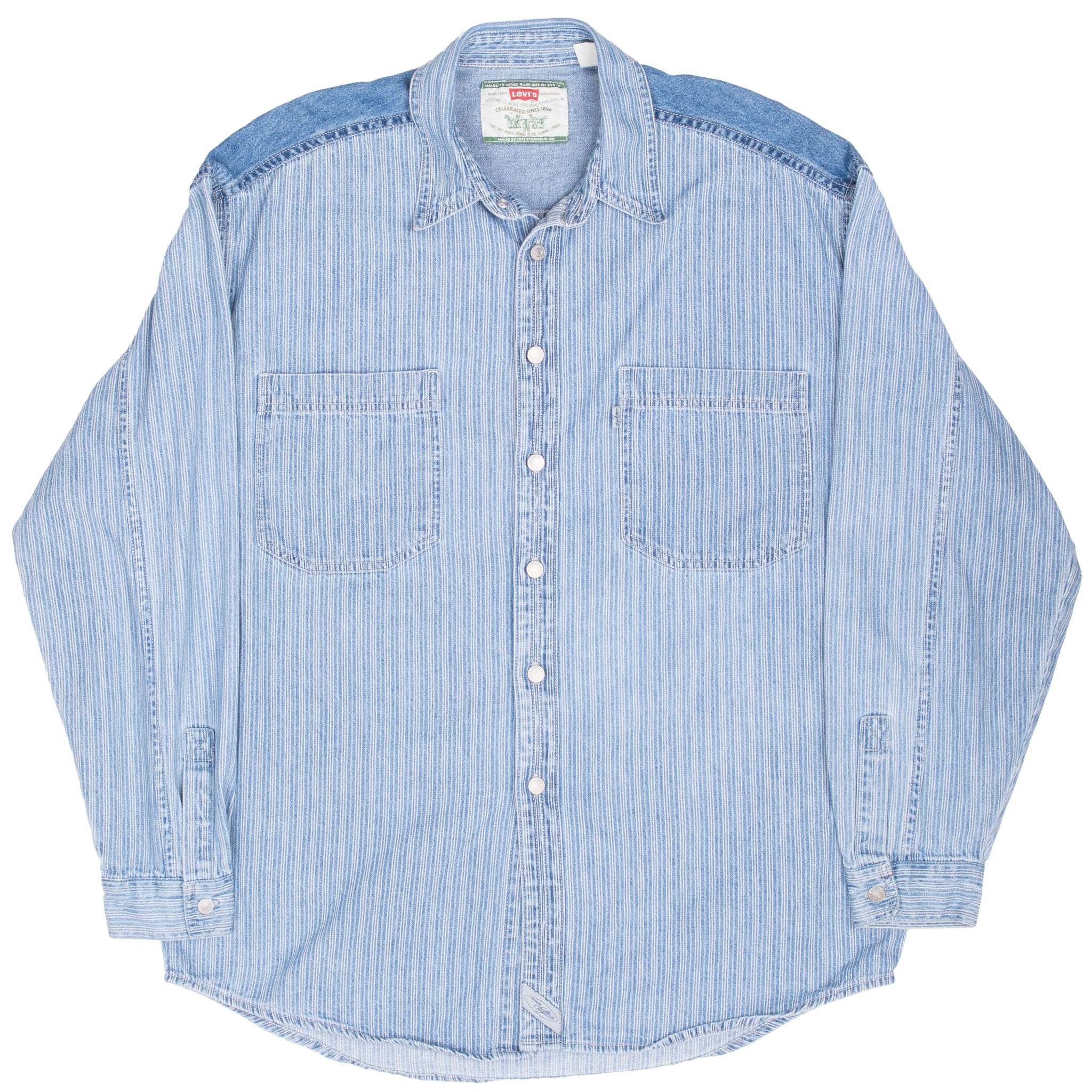 Full front view of Levi's blue striped long-sleeve shirt with two chest pockets