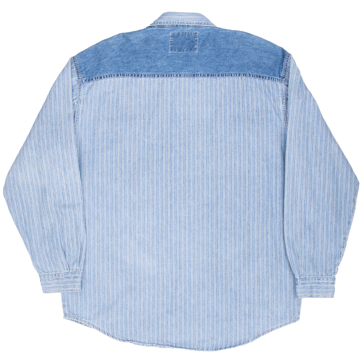 Back of Levi's blue striped shirt with a solid blue denim shoulder yoke