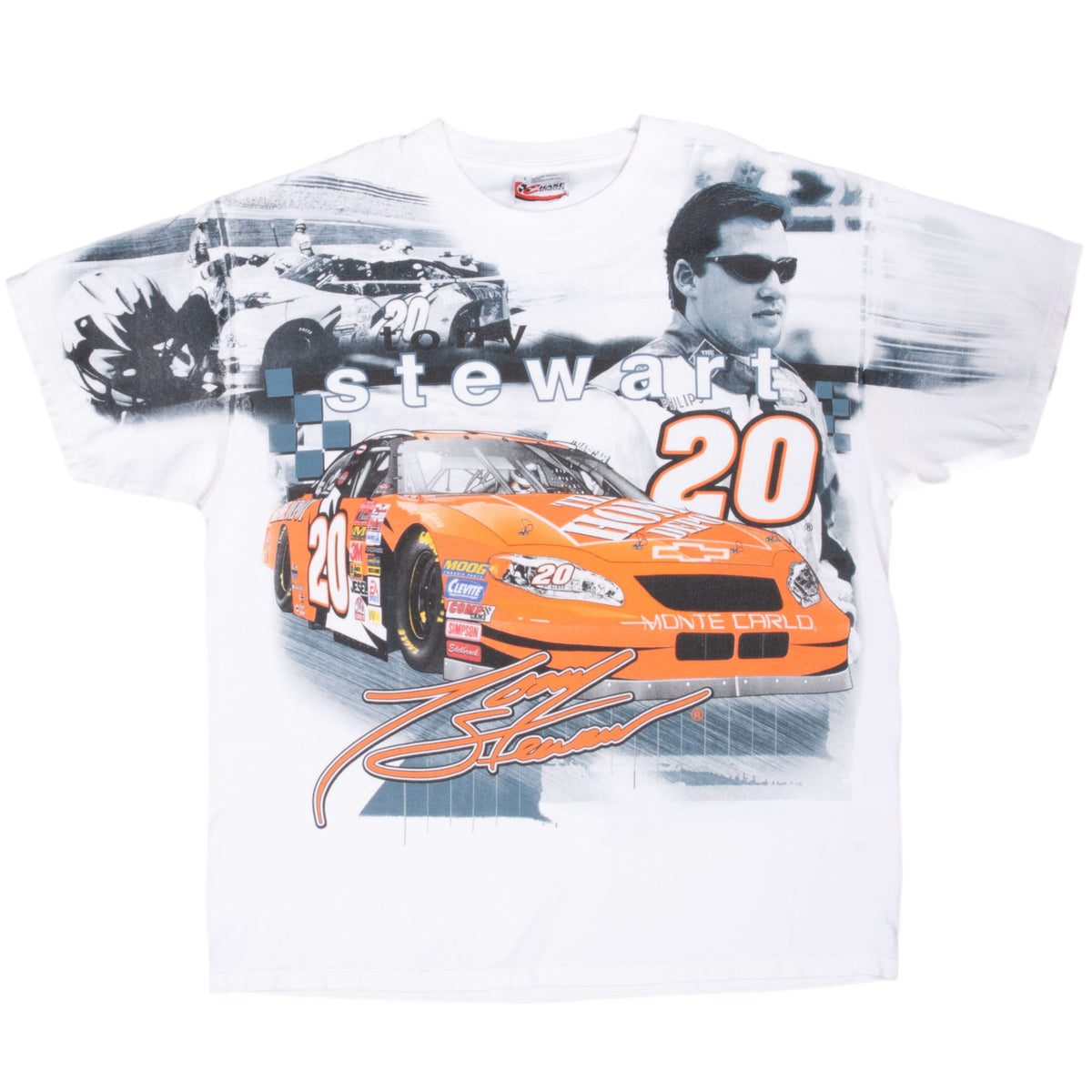 Full front of white Tony Stewart T-shirt with orange No. 20 Home Depot race car graphic