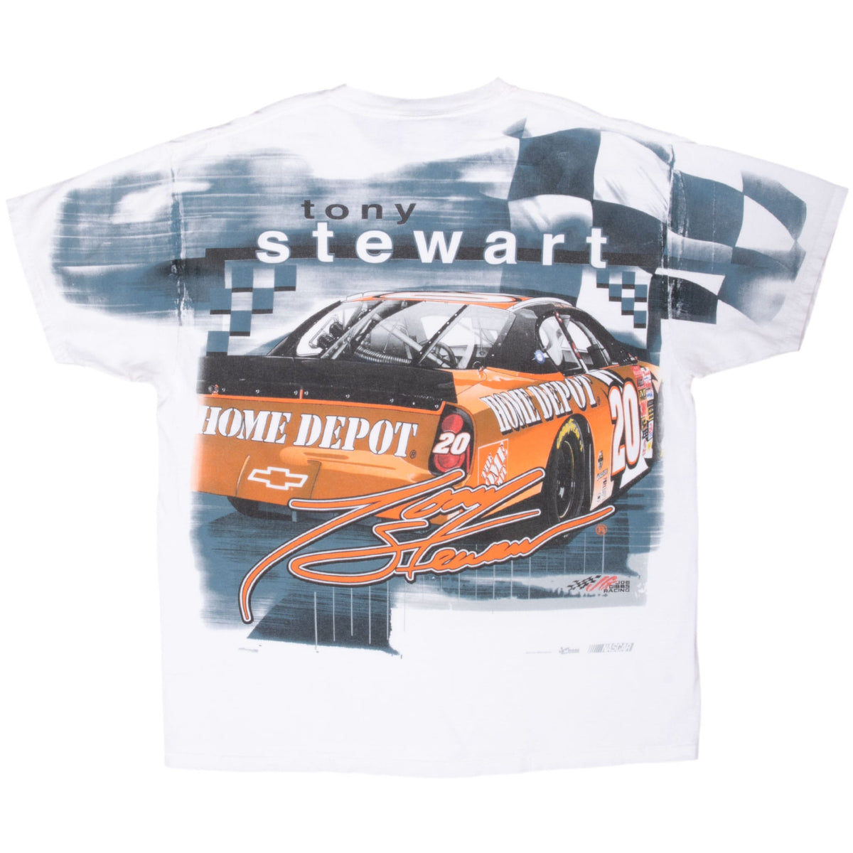 Back of white Tony Stewart T-shirt with No. 20 Home Depot car, checkered flag, and signature graphic