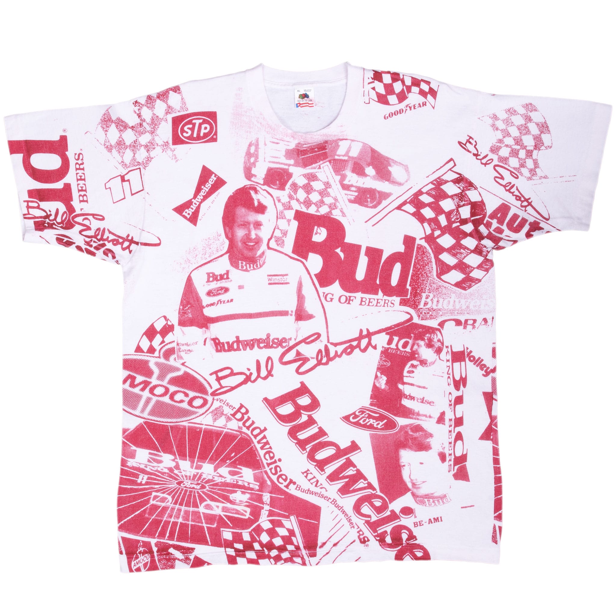 Full front view of white Bill Elliott NASCAR tee with red Budweiser racing graphics
