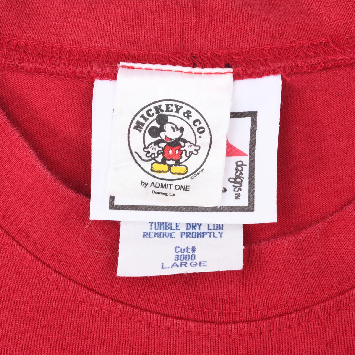 Mickey & Co. by Admit One neck label with Mickey Mouse graphic and large size tag