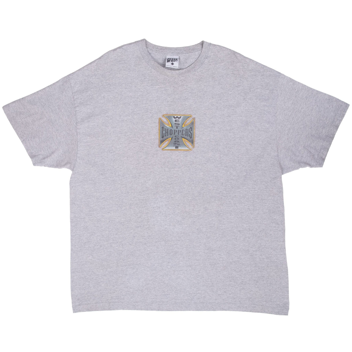 Full front of gray West Coast Choppers crewneck T-shirt with small center chest logo