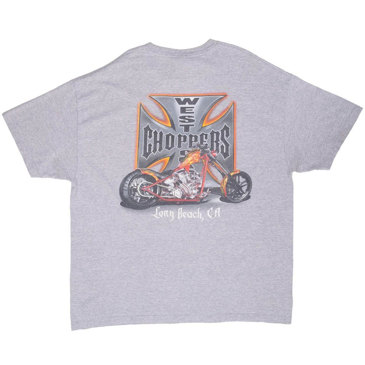 Back of gray West Coast Choppers T-shirt with custom motorcycle and Long Beach, CA graphic