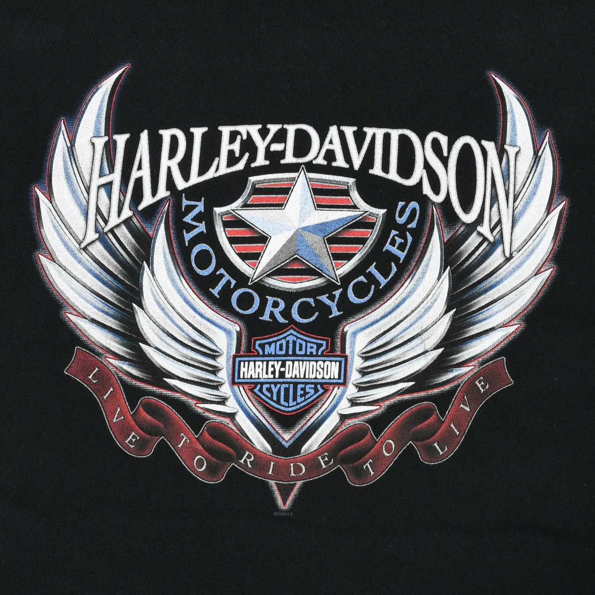 Close-up of Harley-Davidson winged star front graphic with Live to Ride banner