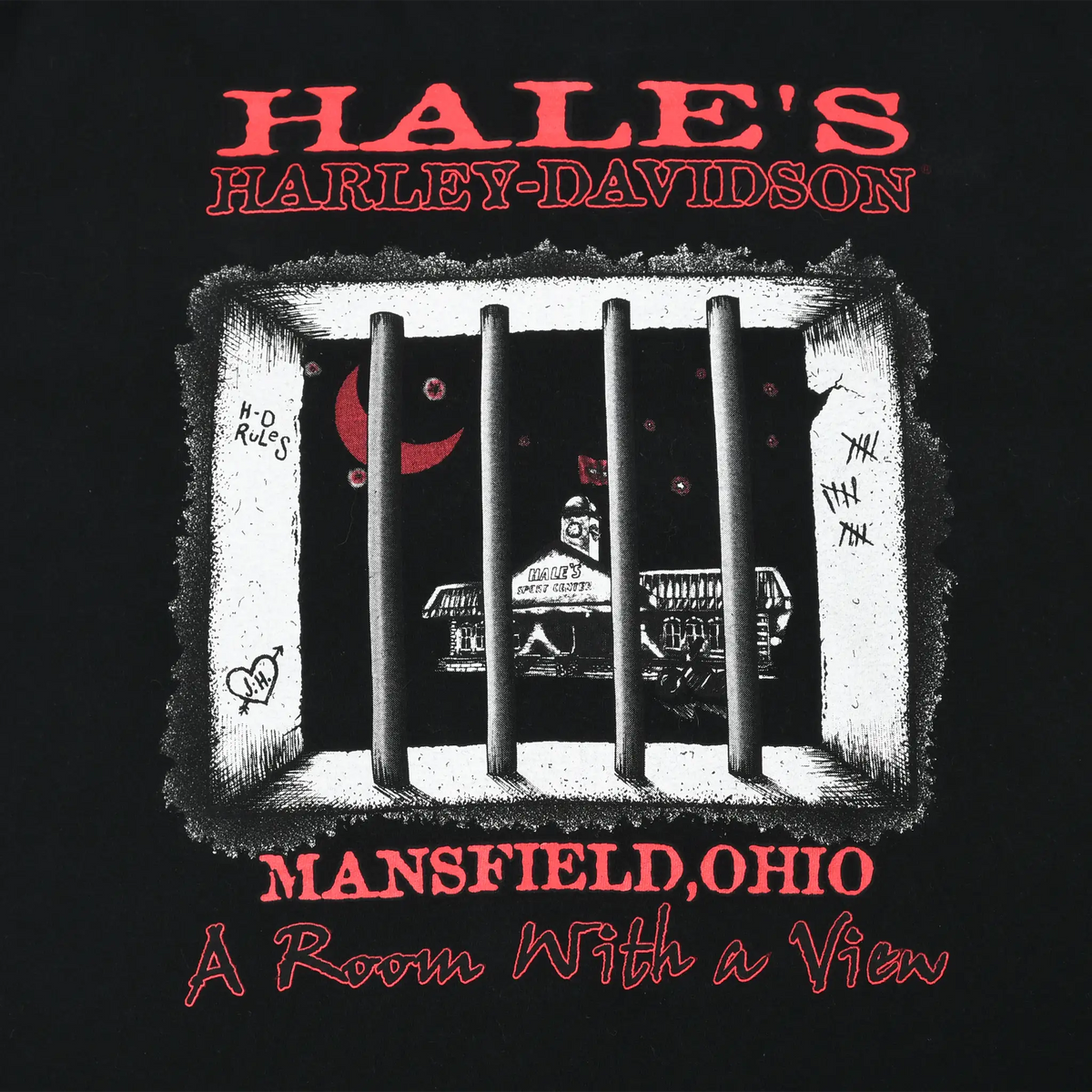 Close-up of Hale's Harley-Davidson Mansfield, Ohio back print with prison bars